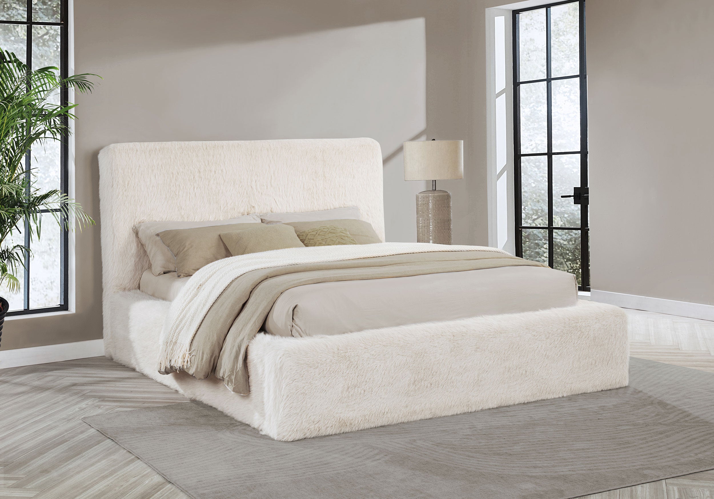 Rebecca Faux Fur Upholstered Queen Bed Cream-
