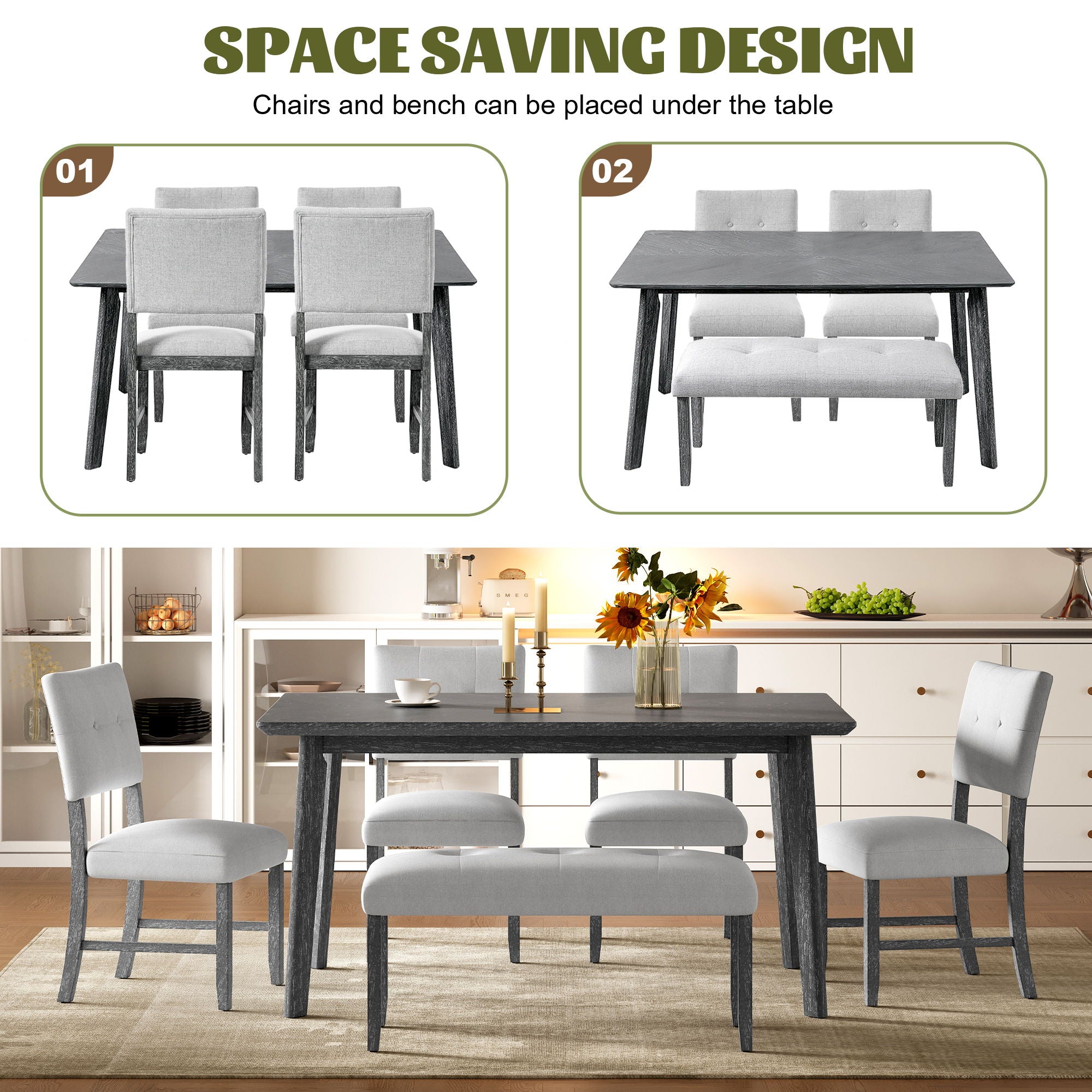 Rustic Farmhouse Dining Room Rectangular Table With 4 Upholstered Chairs And Bench