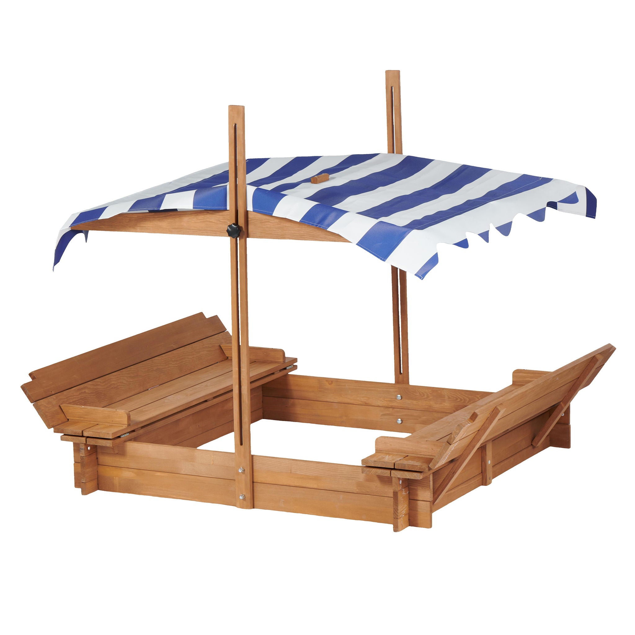 Kids Sandbox With Adjustable Cover, Sand Box With 2 Foldable Bench Seats, Outdoor Sandpit For Backyard Play - Light Brown