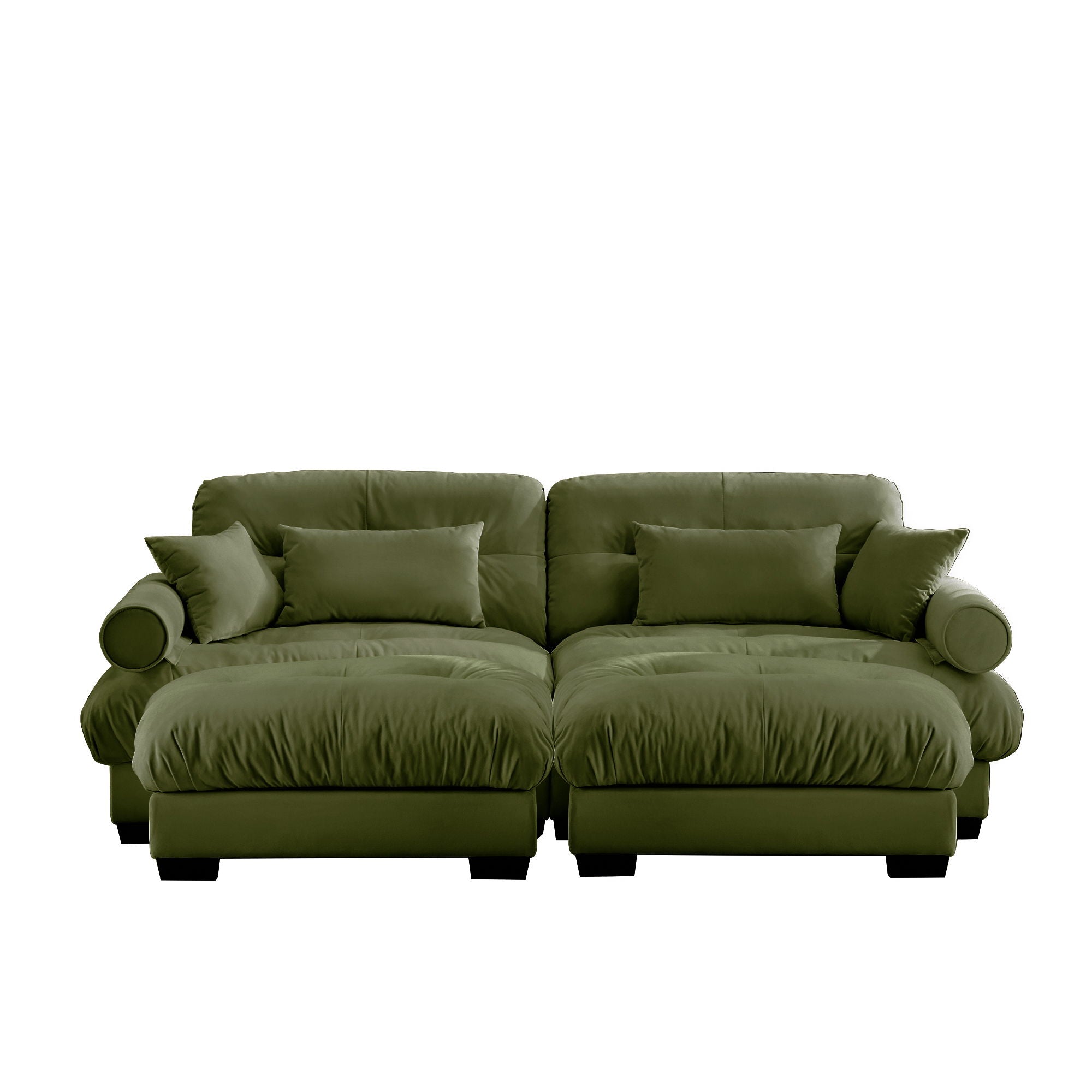 Modern Sectional Sofa With Ottoman, Round Bolster Armrests, Waist And Throw Pillows