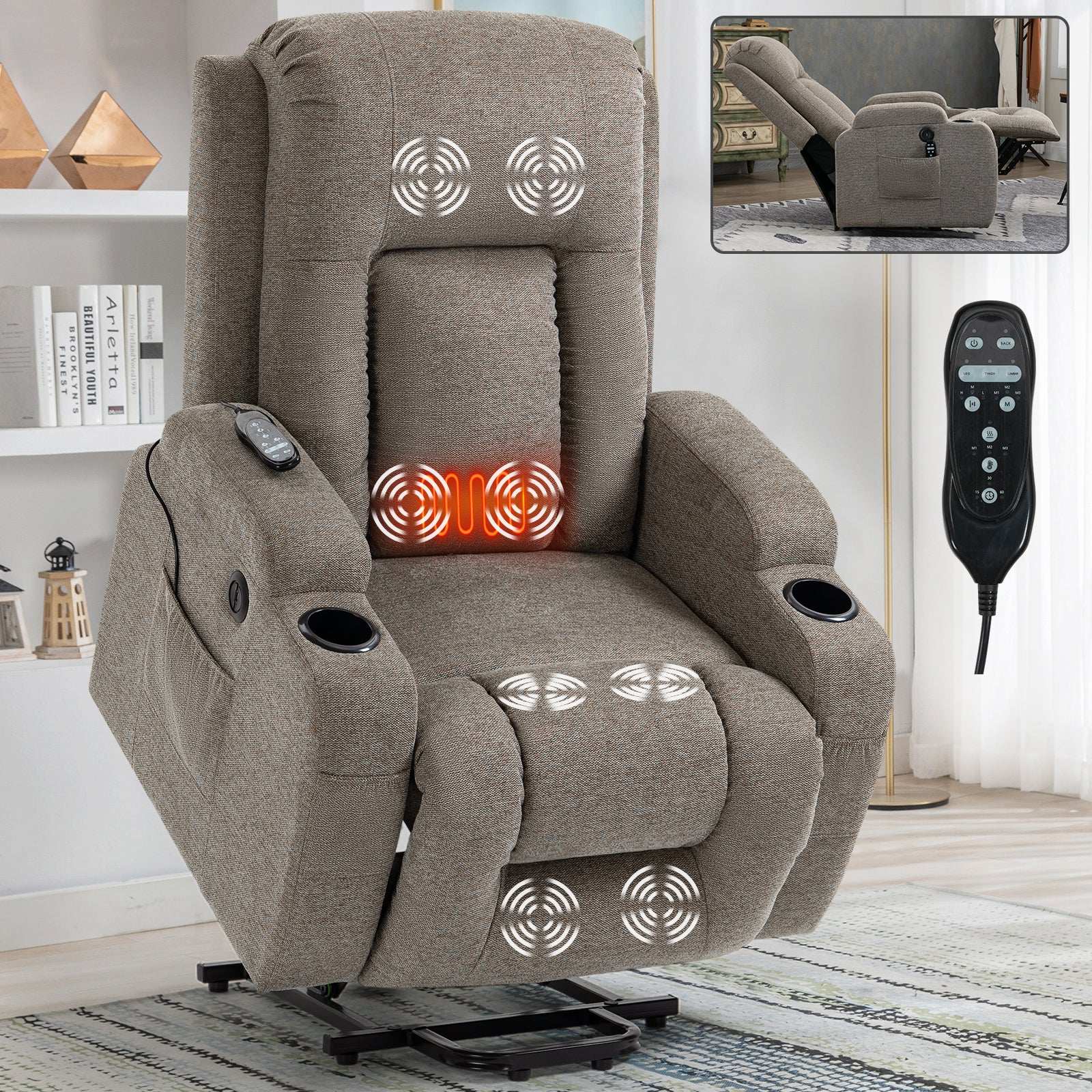 Power Lift Recliner Chair, 350 LBS Capacity, Brown with Massage Features