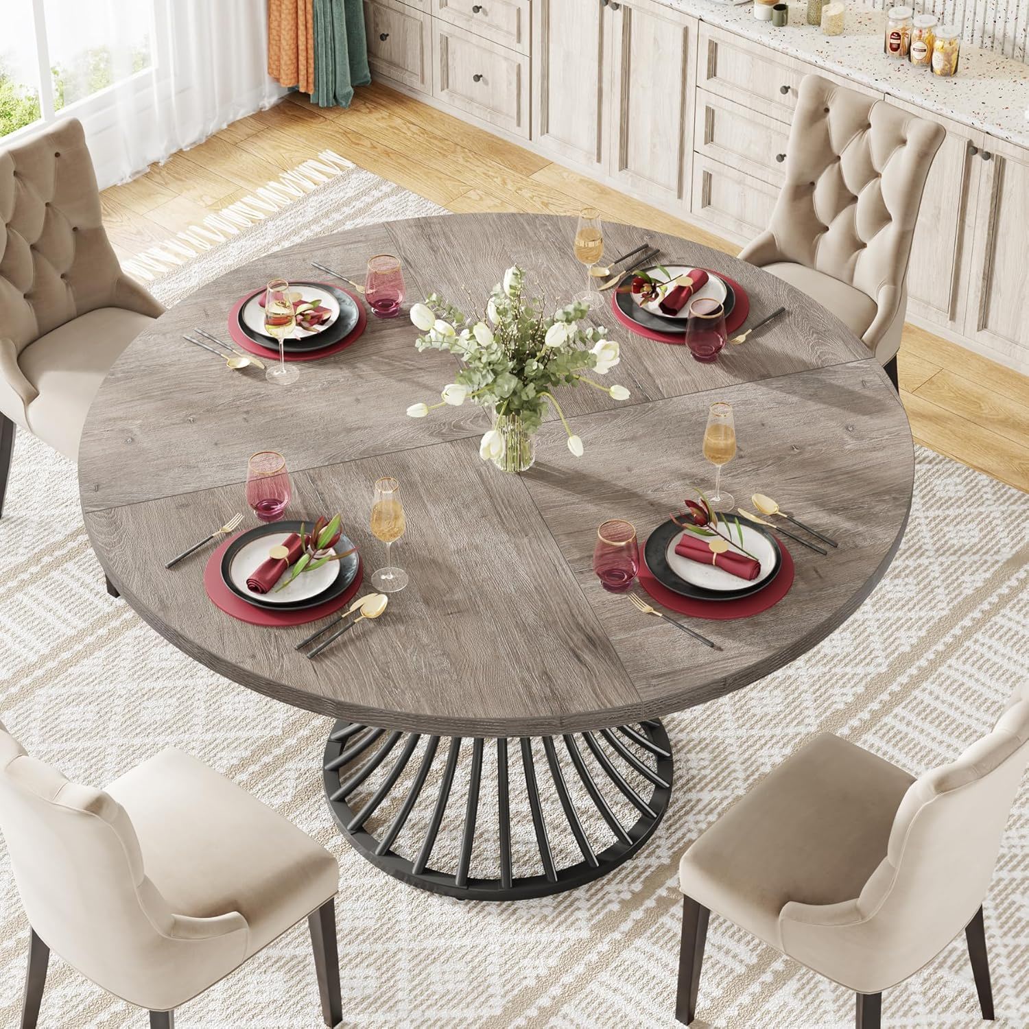 Round Dining Table For 4 - 6, (Table Only) - Gray / Black