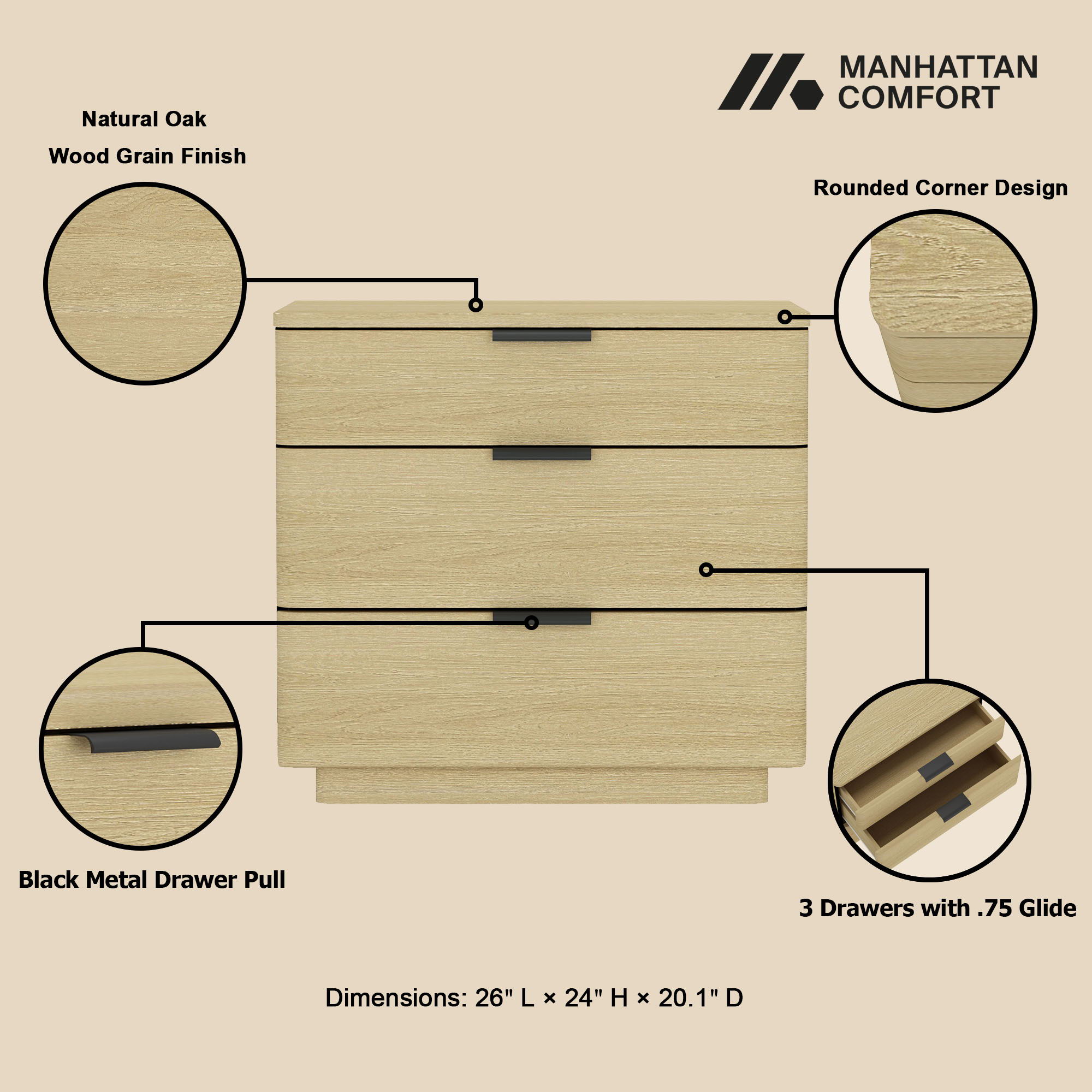 Payton - Nightstand & 3 Drawers - Oak