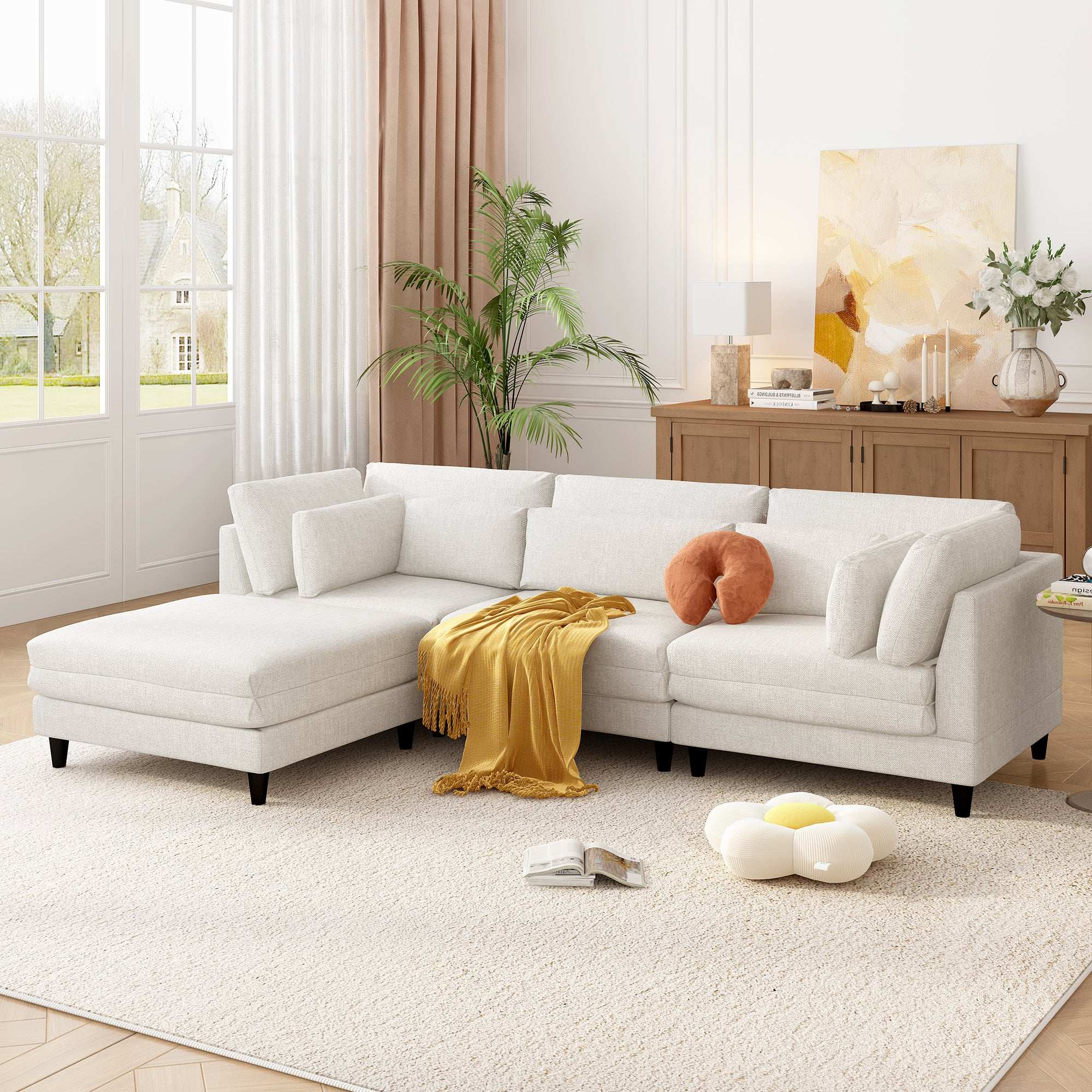 Modern Modular Sectional Sofa with Movable Ottoman, 110 Inch