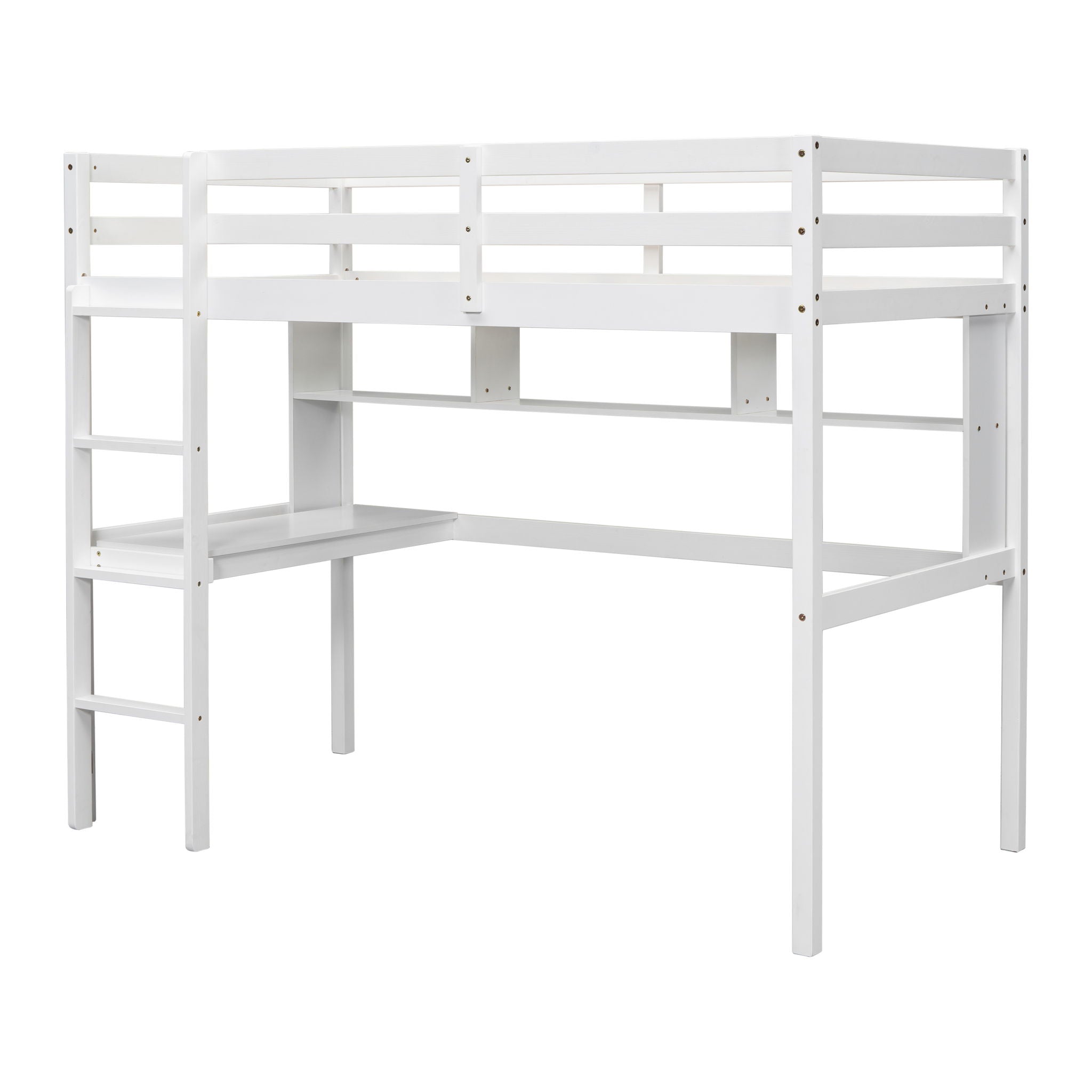 Loft Bed With Desk And Shelves, Safety Guardrail And Ladder