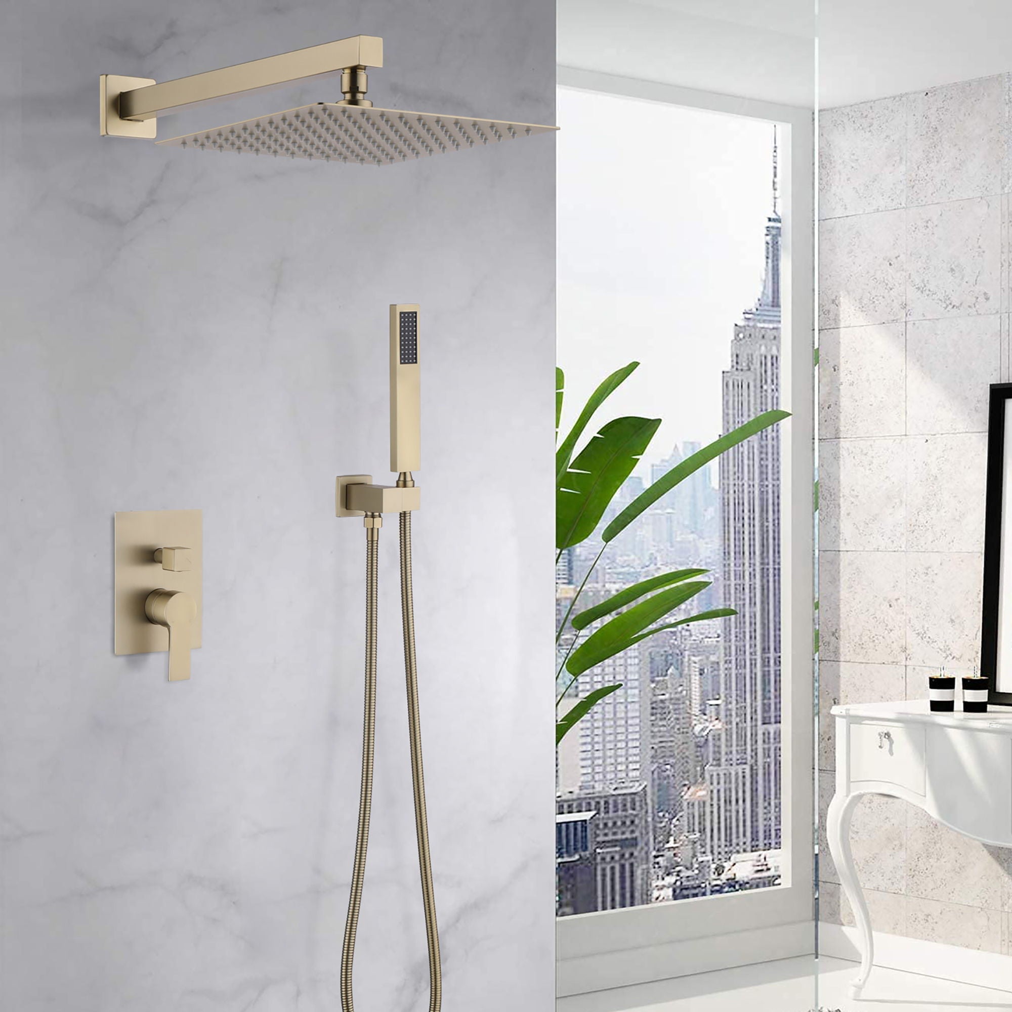Luxury, 12" Ceiling Mount Shower System With Rain Mixer And Handheld Shower, Stainless Steel - Brushed Gold