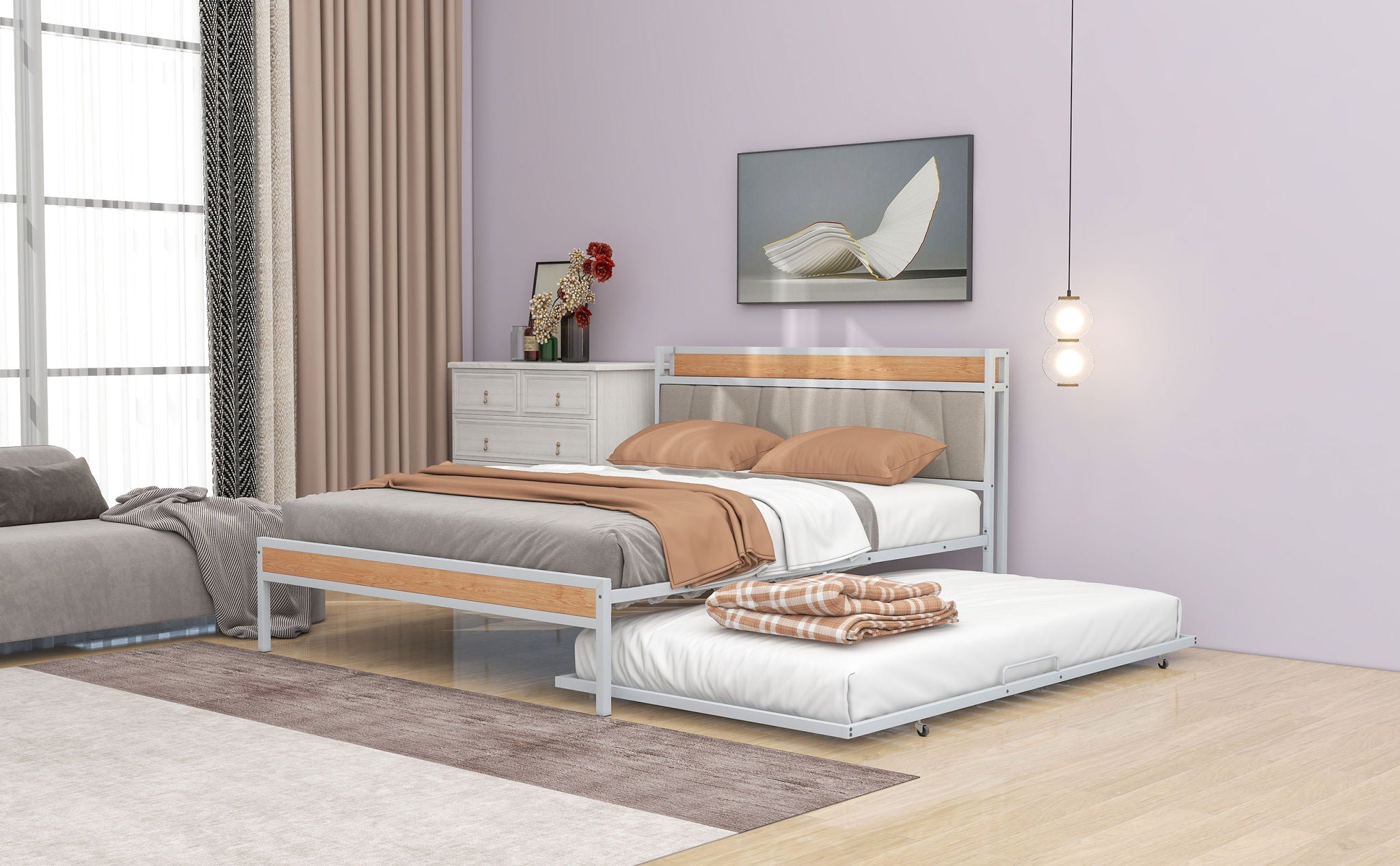 Platform Bed Frame With Trundle, USB Ports And Slat Support, No Box Spring Needed