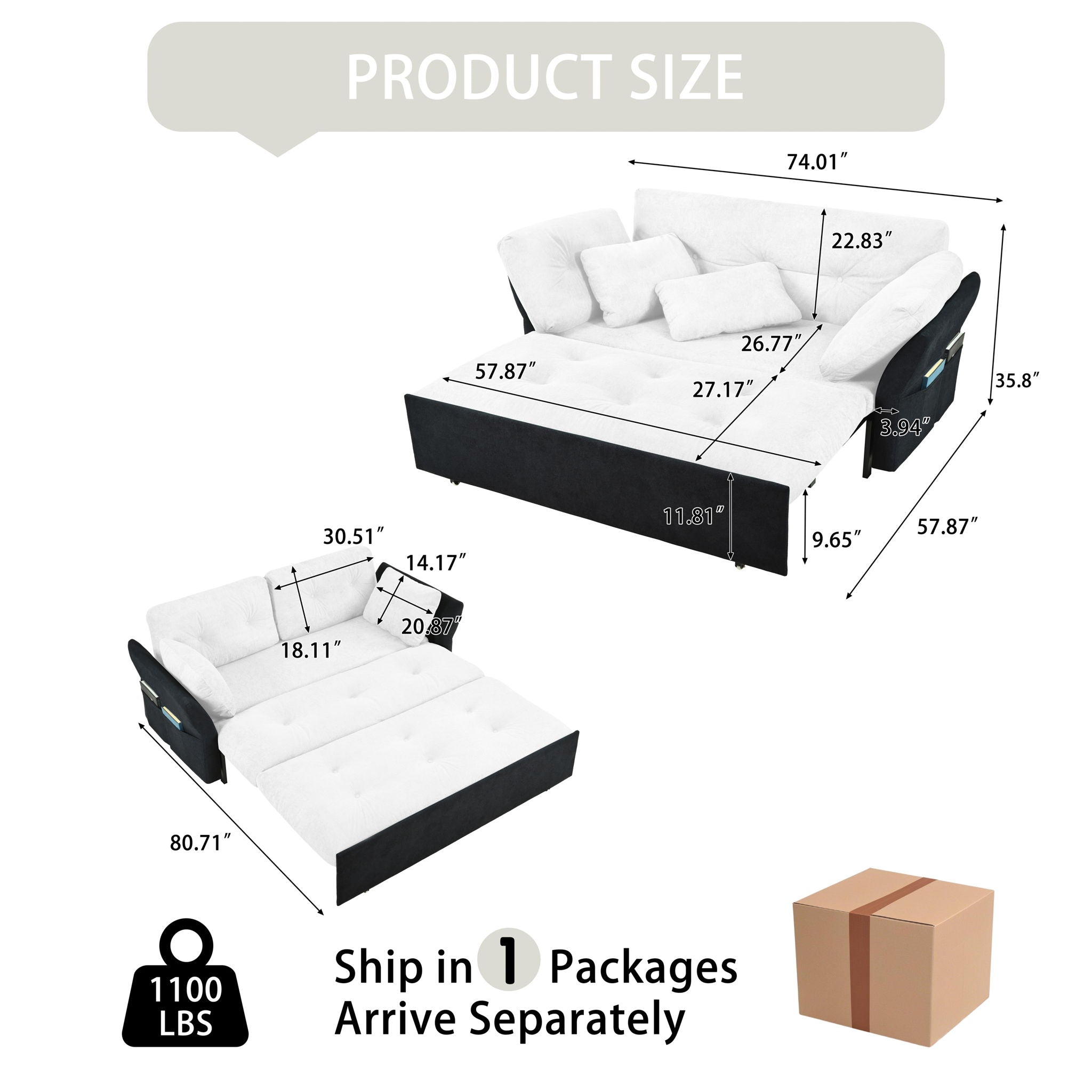 Modern Convertible Sleeper Sofa Bed With Pull-Out Queen Design, Side Storage & Thick Cushions