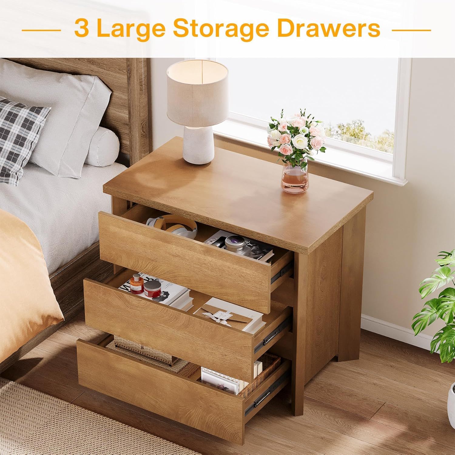 Nightstand With 3 Drawers, Bedside Table, Compact Storage - Brown