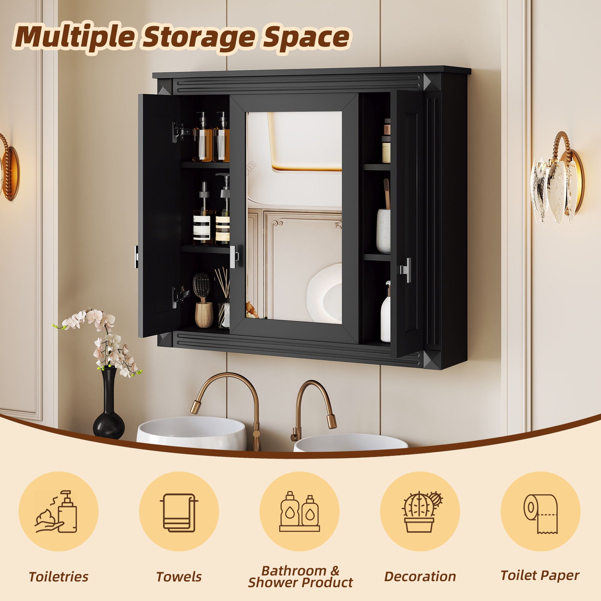 Wall Mounted Bathroom Storage Cabinet With Mirror, 6 Open Shelves
