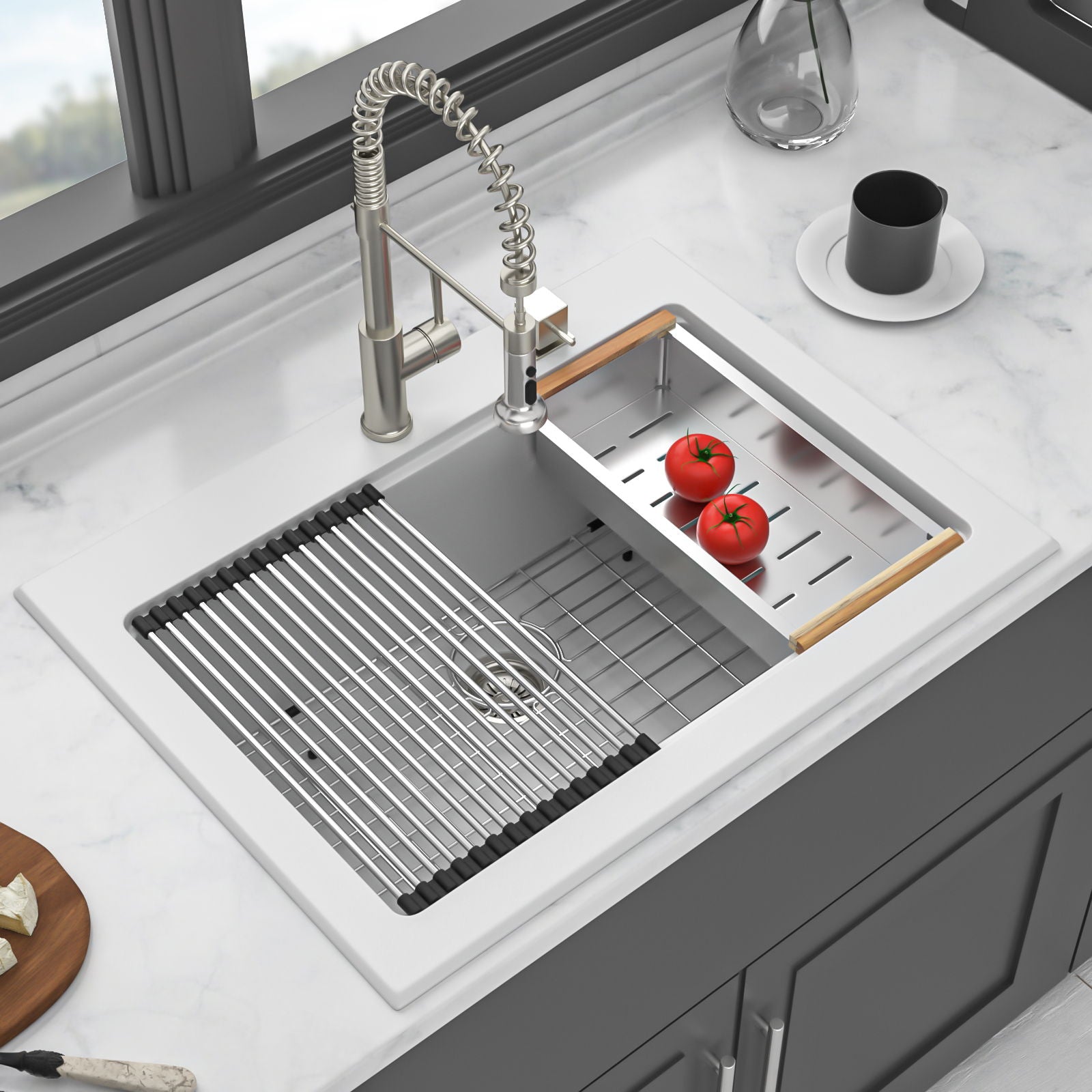 Quartz Kitchen Sink 30" X 22" Granite Composite Workstation Drop In Sink - White