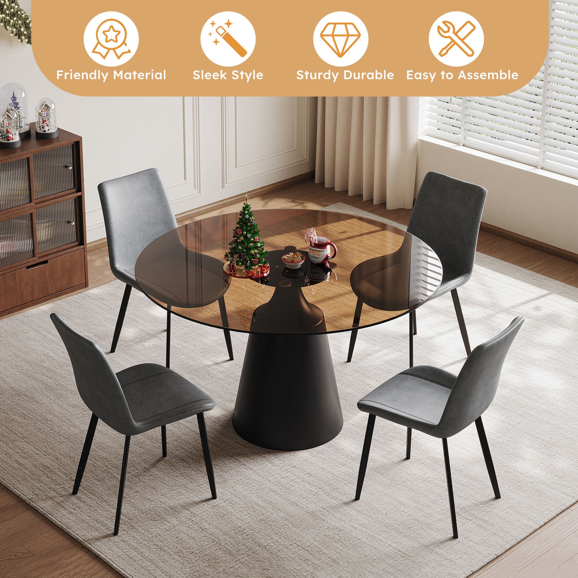 Round Dining Table And 4 Chair Set With Ergonomic Chairs - Black