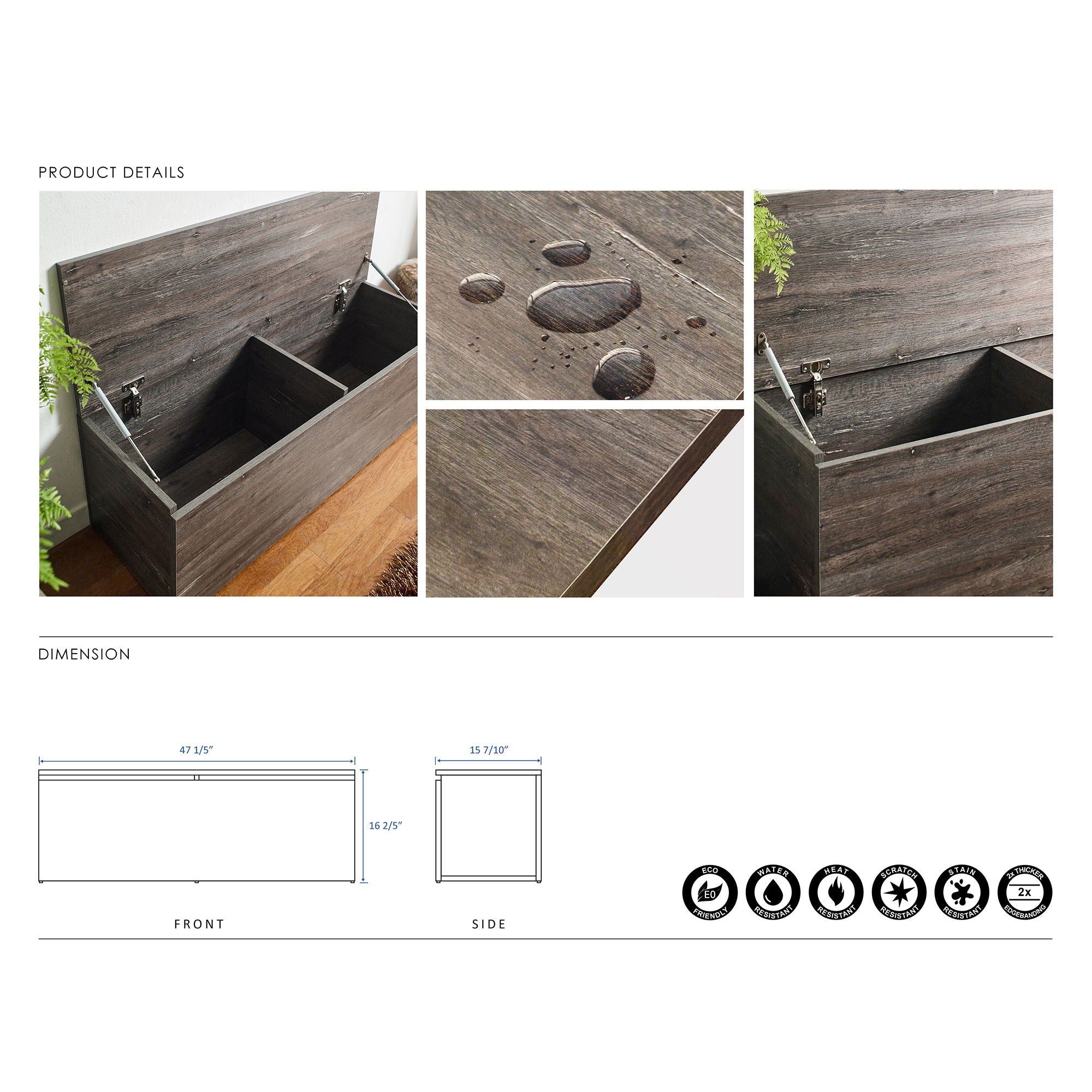 Dean - Farmhouse Storage Bench With Extra Storage 47 Inch - Gray