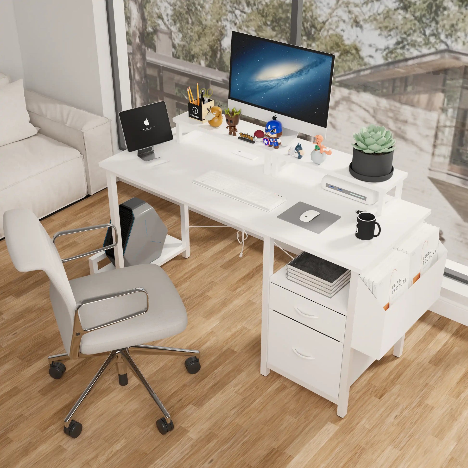 47.3" White Office Desk with Power Outlet and Monitor Stands - Best Buy Furniture