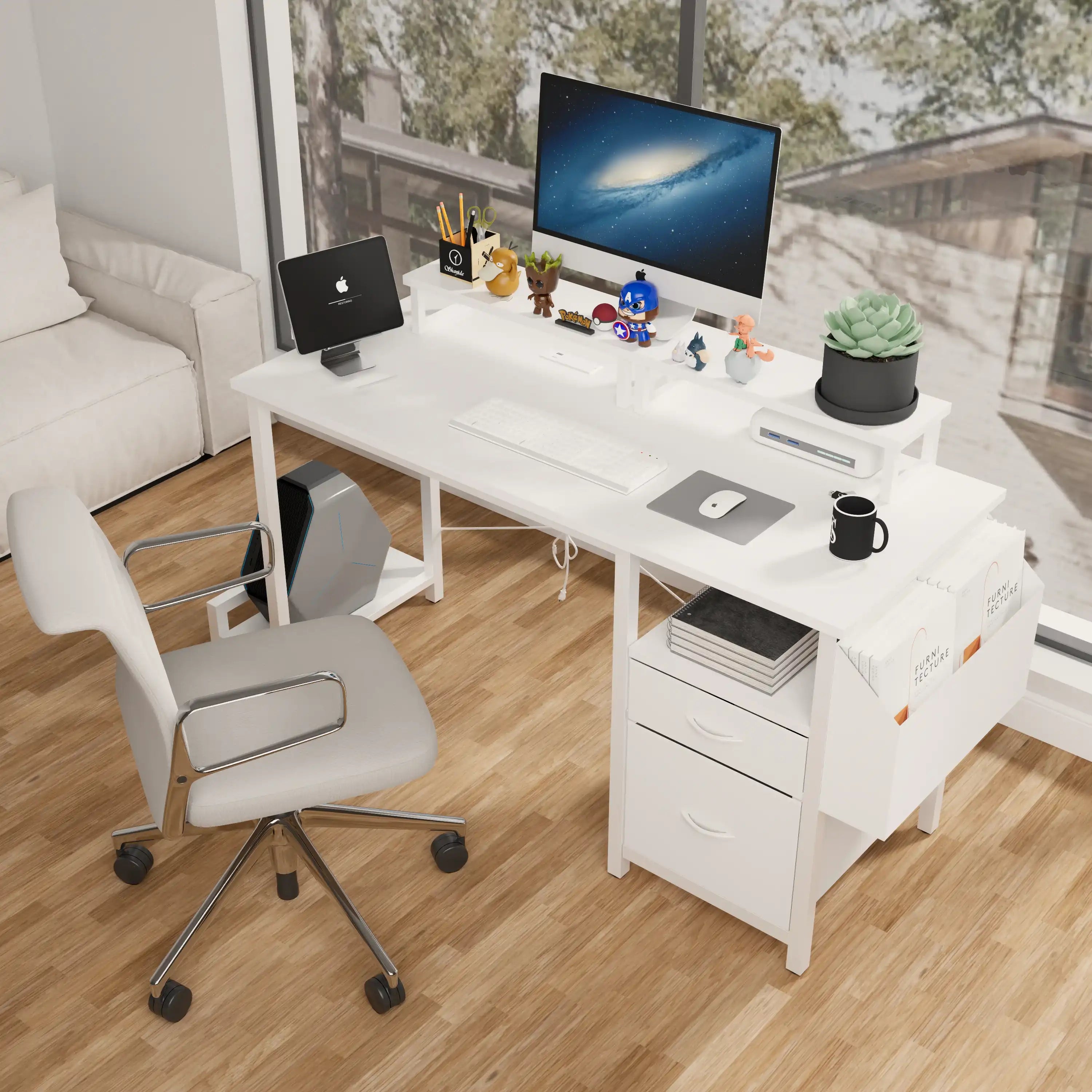 47.3" White Office Desk with Power Outlet and Monitor Stands