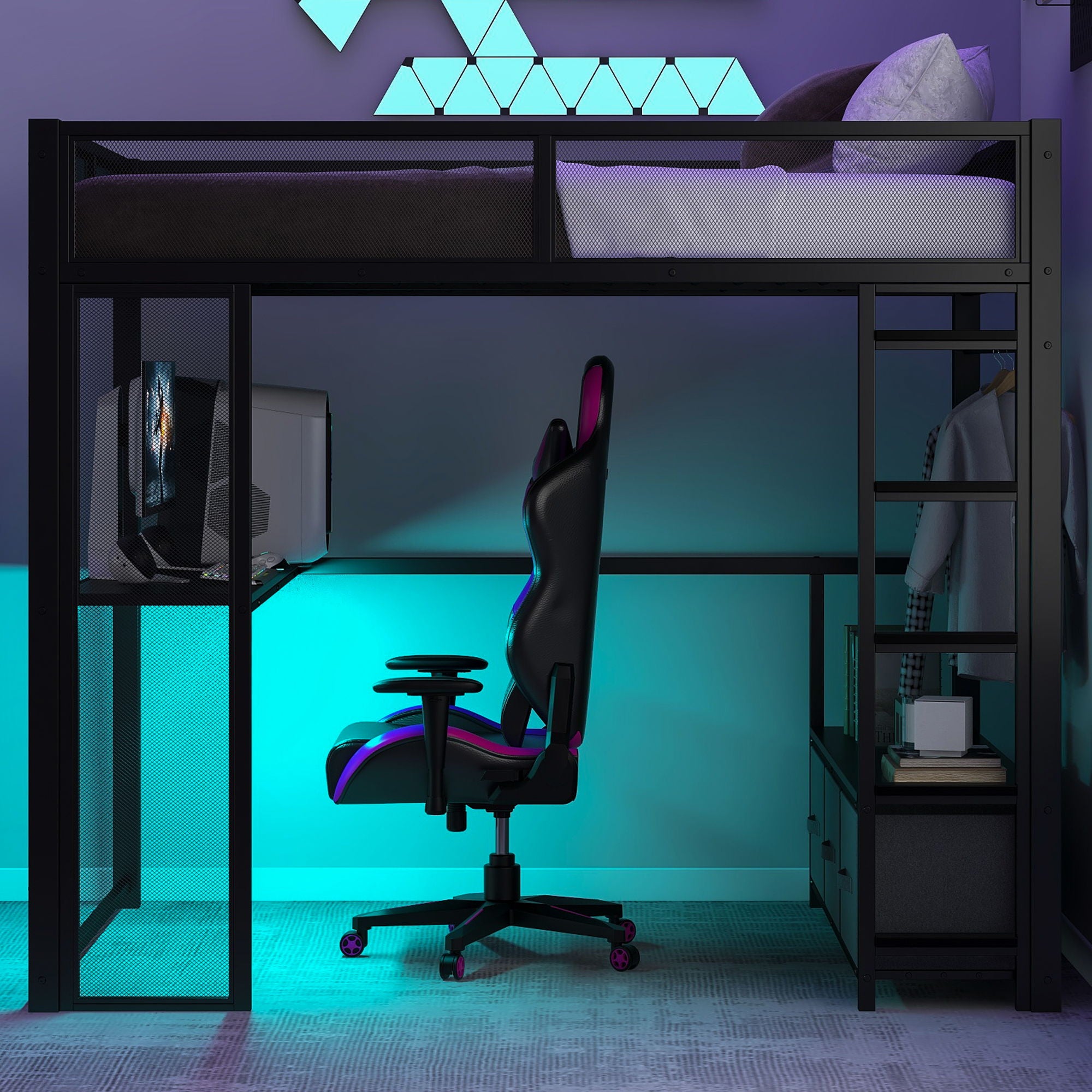 Full Size Gaming Loft Bed With LED Desk, Open Wardrobe, 3 Linen Storage Drawers - Black