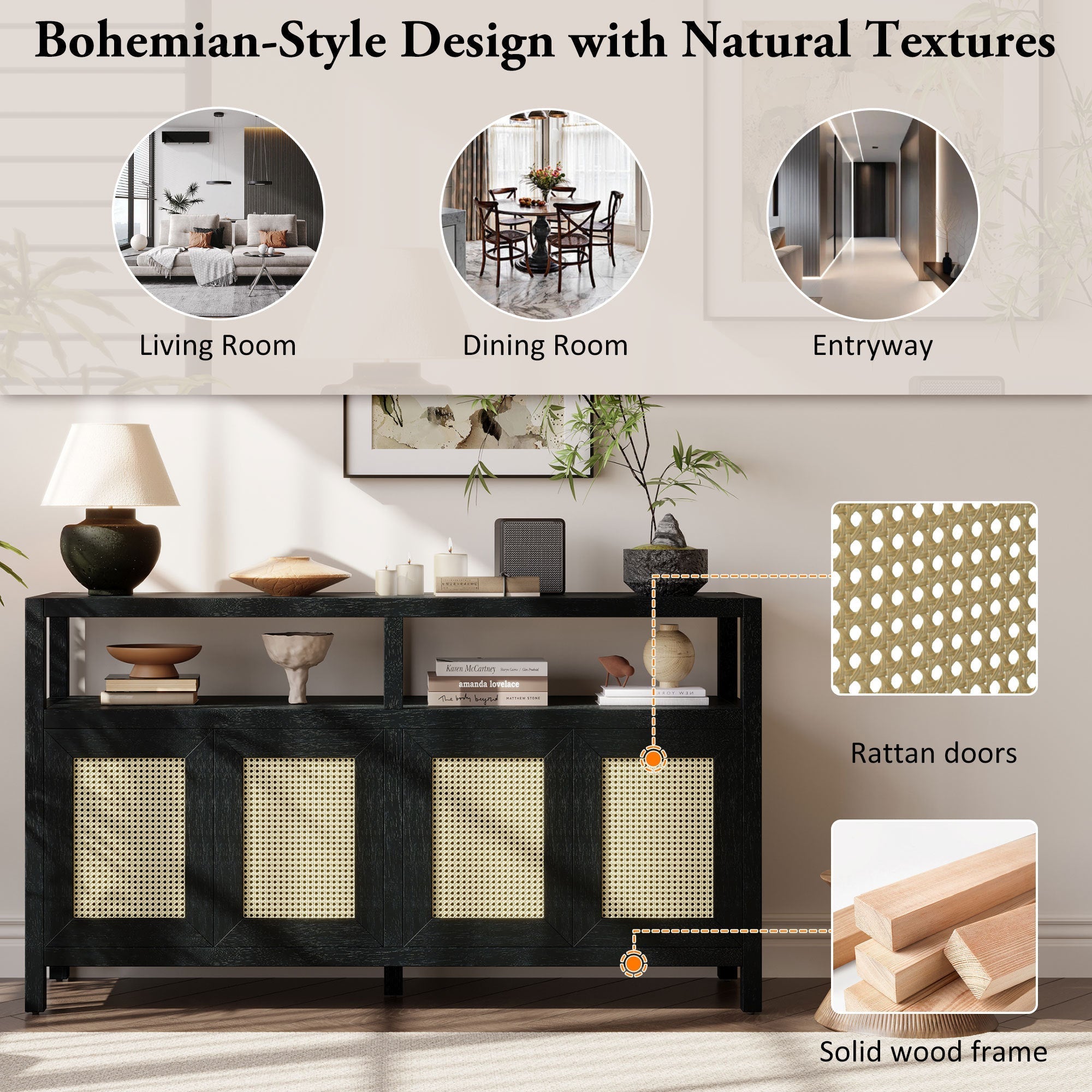 TREXM Bohemian Style Rattan Buffet Storage Cabinet with Solid Wood Frame