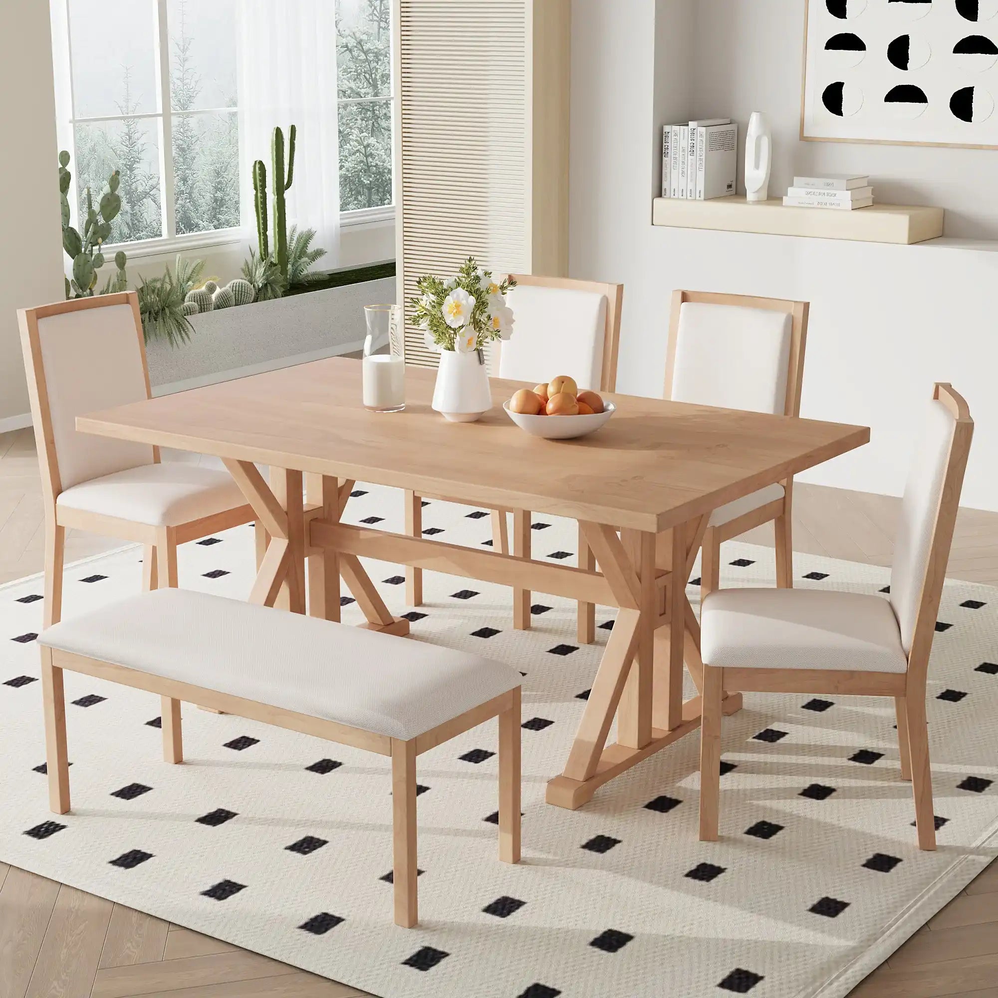 6-Piece Farmhouse Dining Table Set with Upholstered Chairs and Bench, Natural