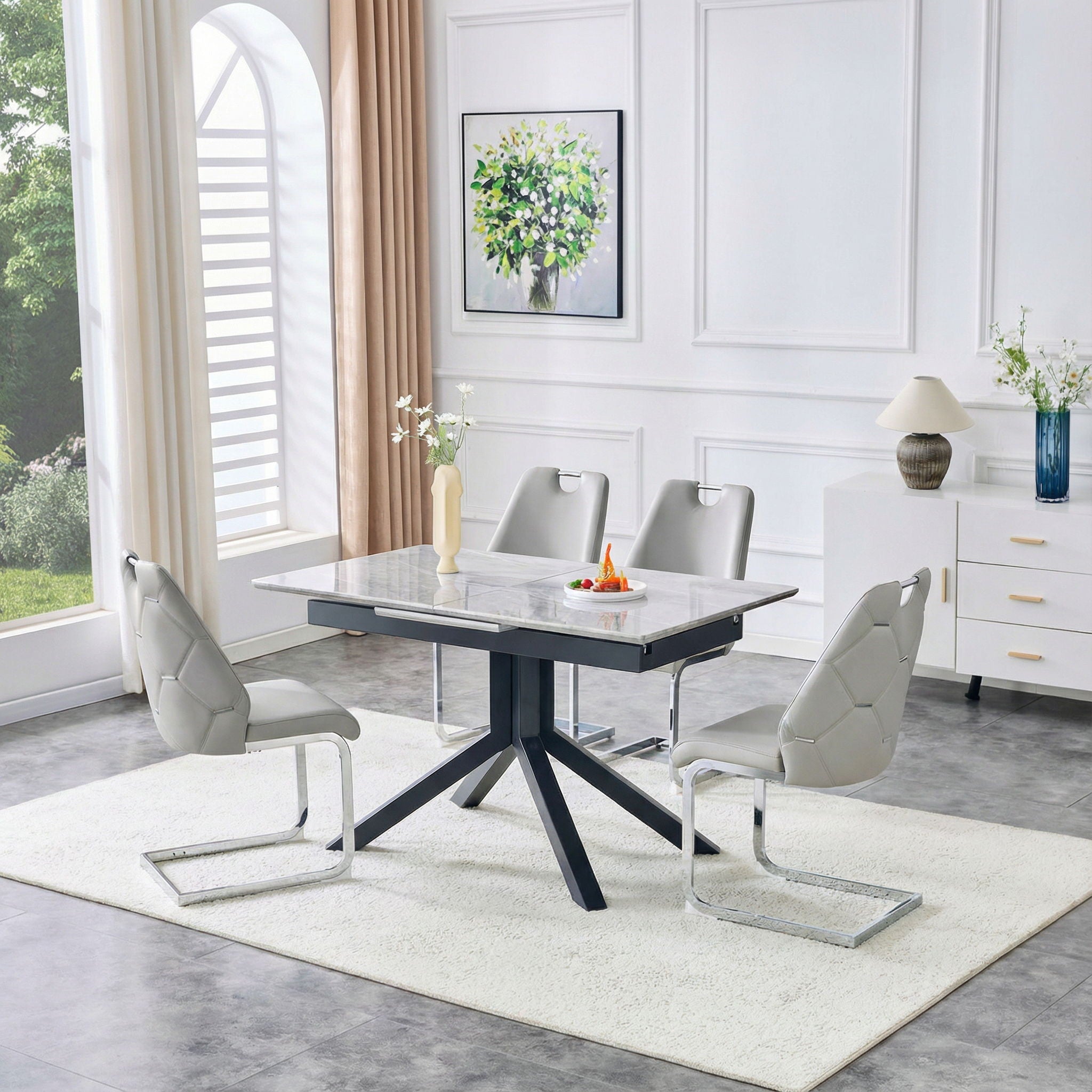 Rectangular Dining Table With Geometric Legs For Dining Room - Light Gray