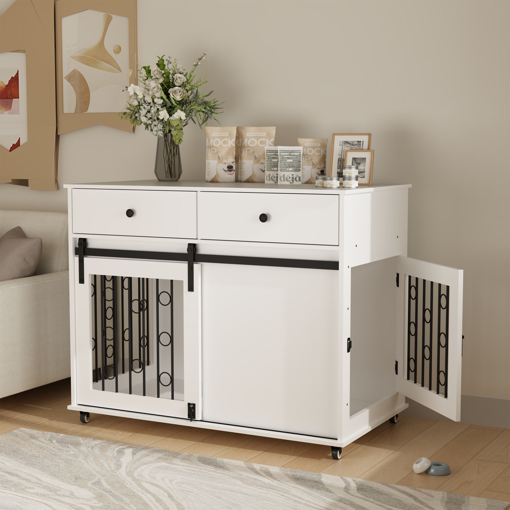 Dog Crate Furniture With Double Drawers And Sliding Barn Door, Pet Kennel For Small To Medium Dogs - White
