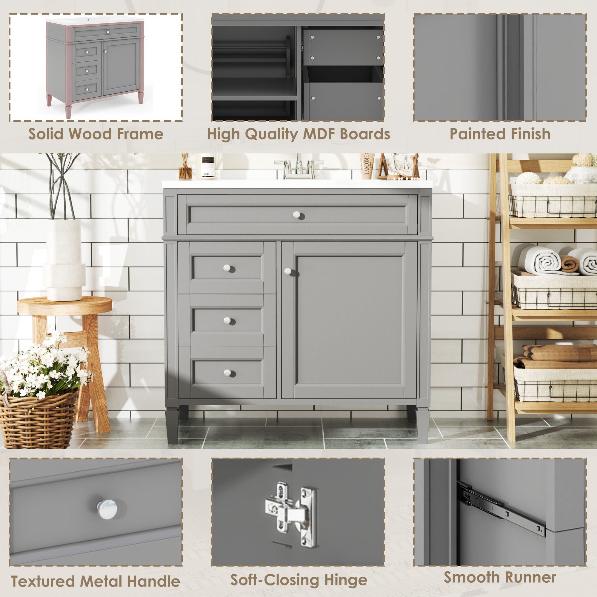 Bathroom Vanity With Top Sink, 2 Drawers And Tip Out Drawer, Rectangular Design