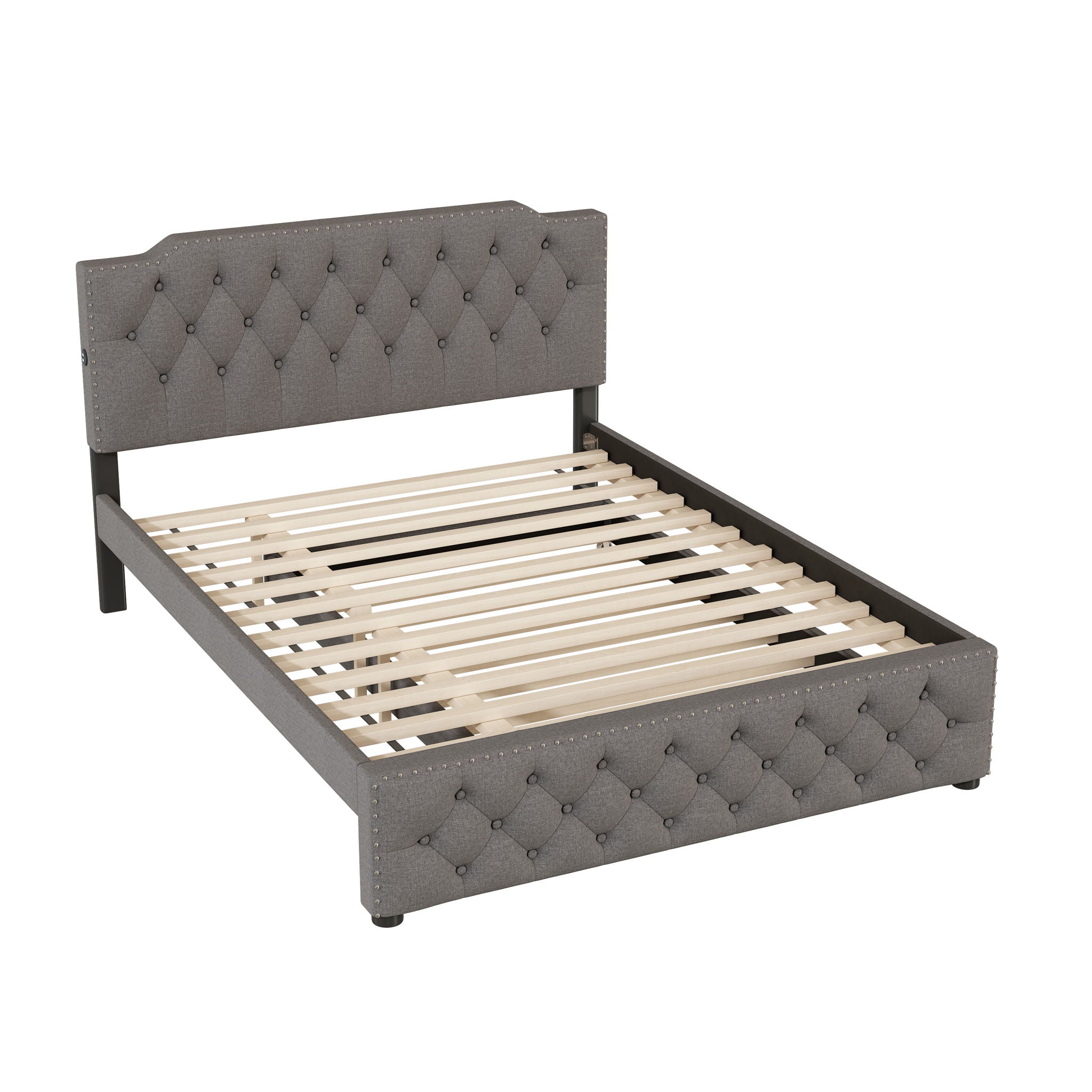 Upholstered Platform Bed With Trundle And 2 Sets Of USB Ports On Each Side, Linen Fabric