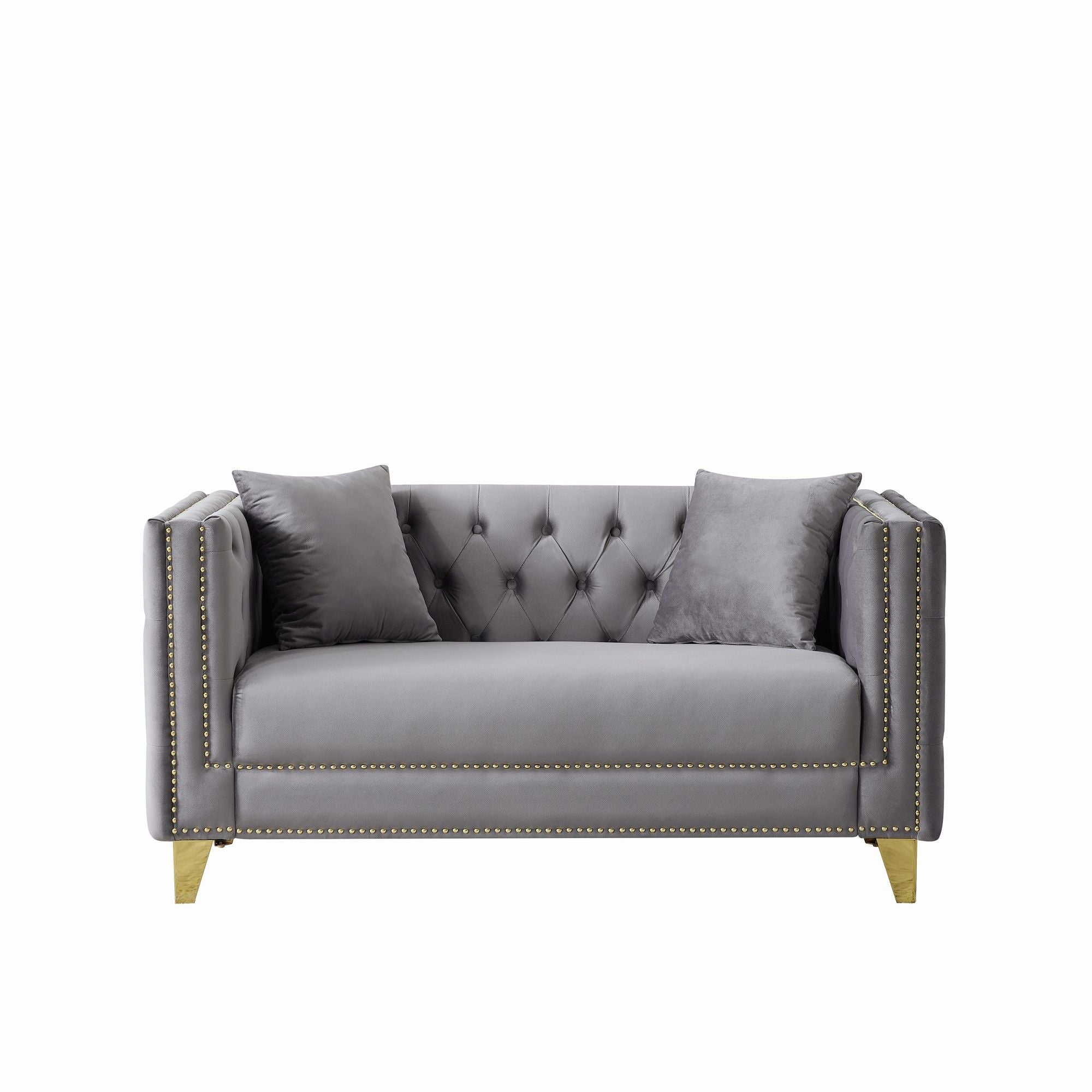 2 Seater Deep Seat Sofa, Sofa With Button Nailhead, Square Arm Couches, Furniture For Living Room - Gray