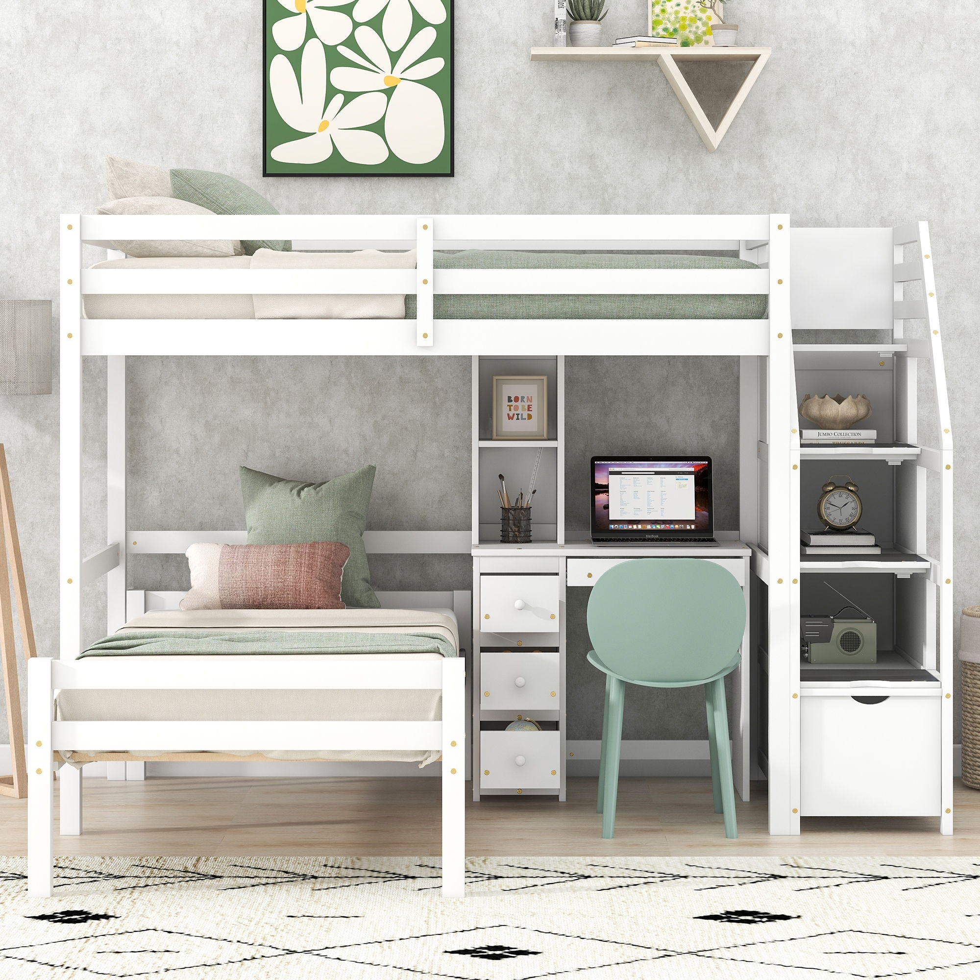 Loft Bed With Stand Alone Bed, Storage Staircase, Desk, Shelves, And Drawers