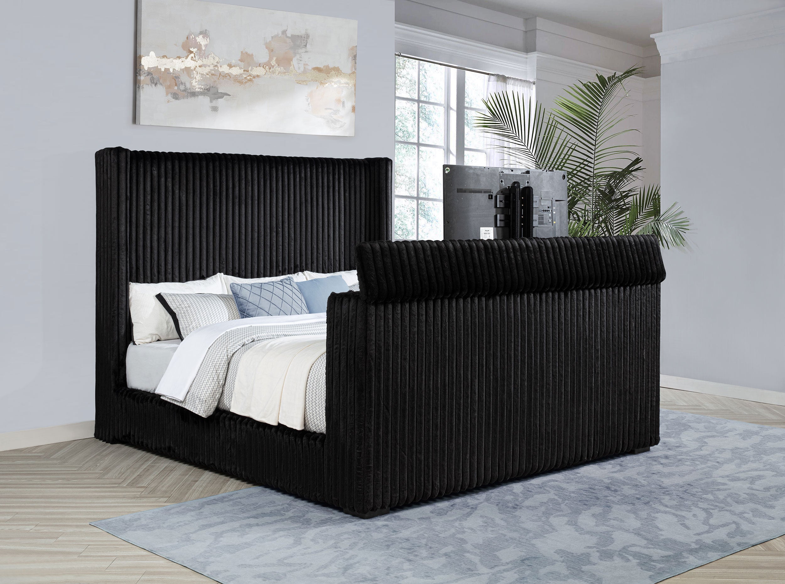 Centergrove Upholstered Eastern King Wingback TV Bed Black-