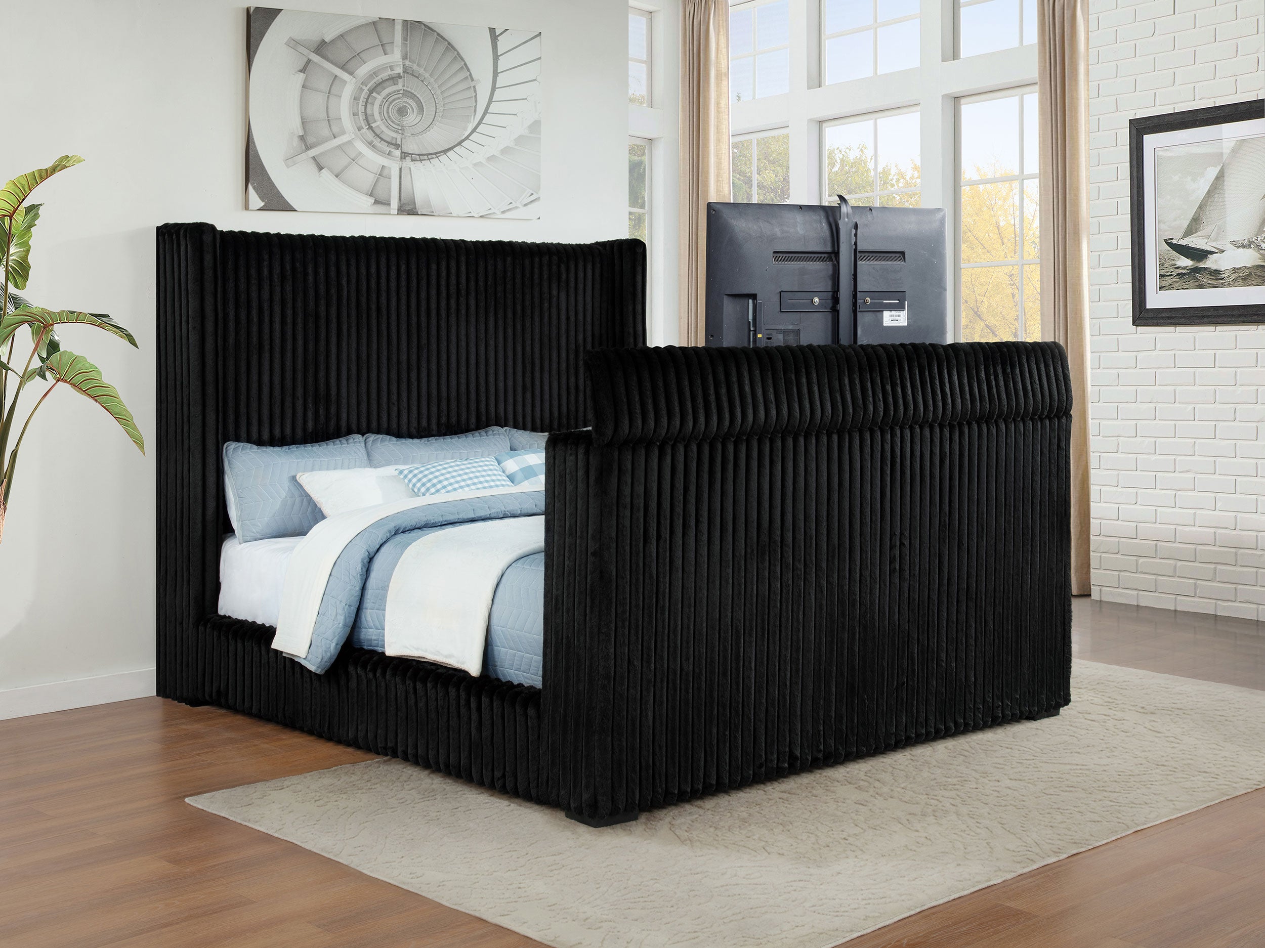 Centergrove Upholstered California King Wingback TV Bed Black-