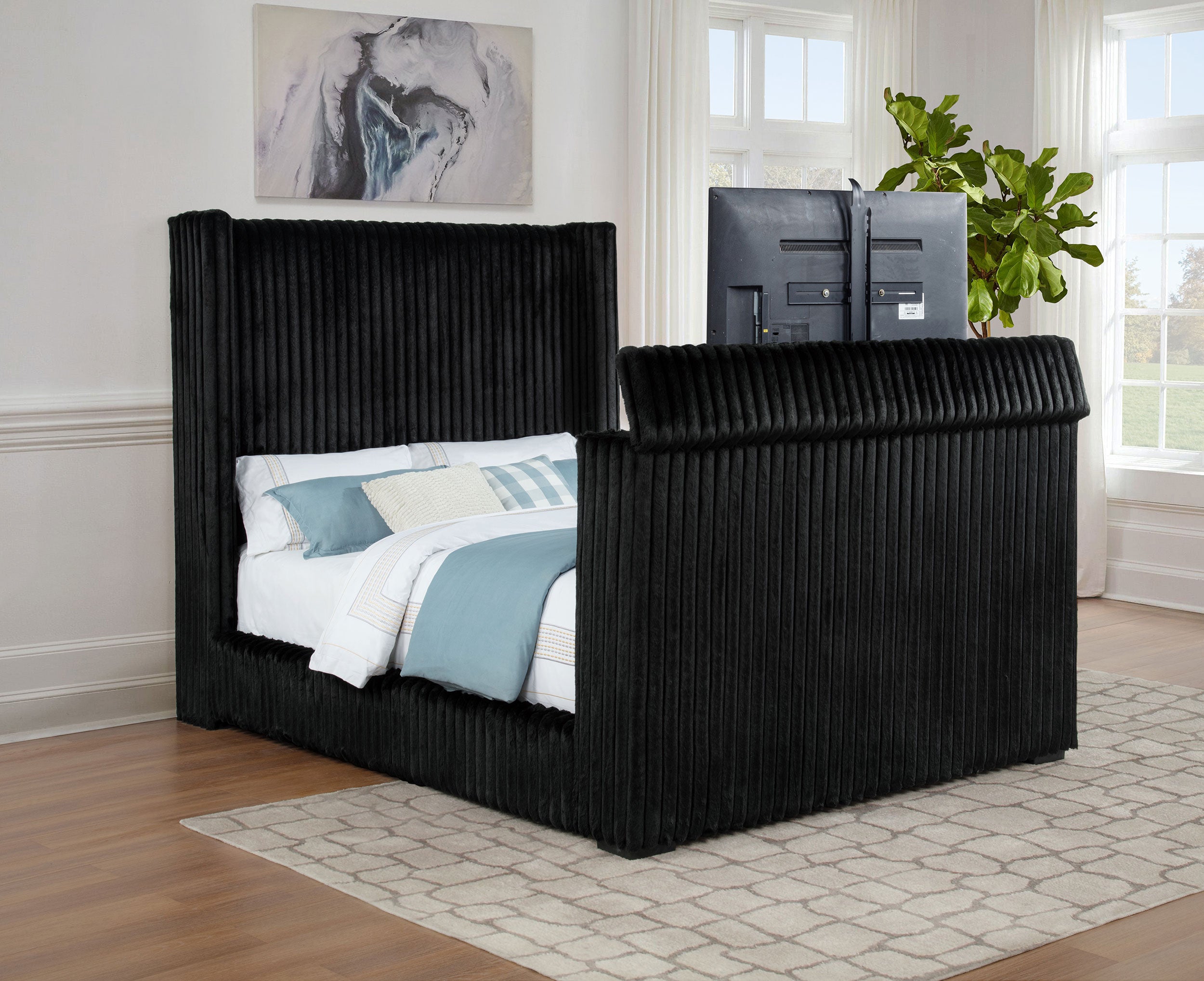 Centergrove Upholstered Queen Wingback TV Bed Black-