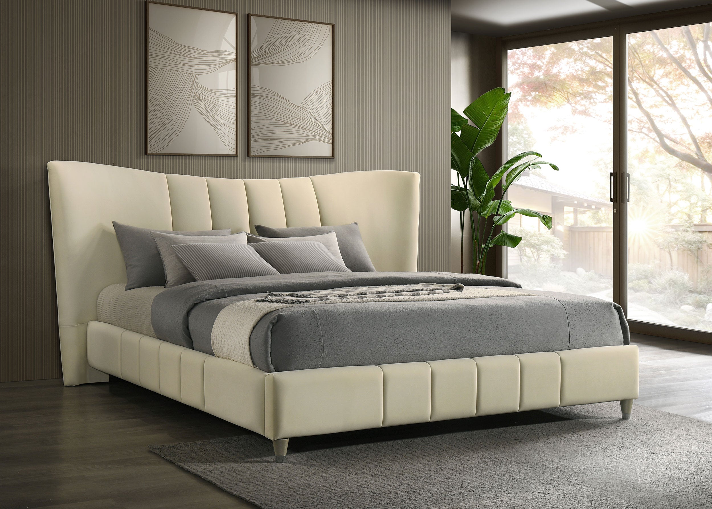 Evelyn Upholstered Eastern King Panel Platform Bed Ivory-
