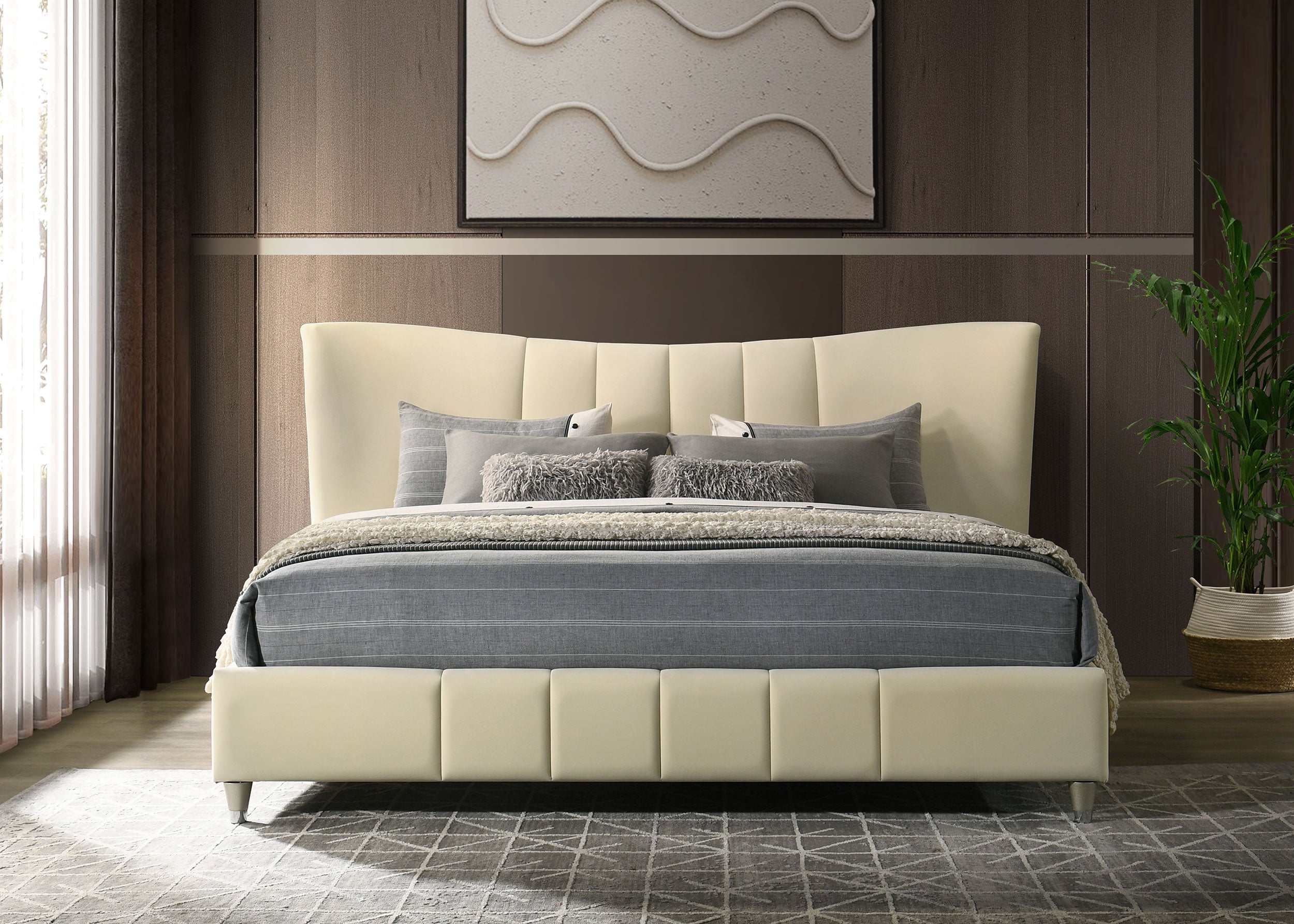 Evelyn Upholstered Eastern King Panel Platform Bed Ivory-