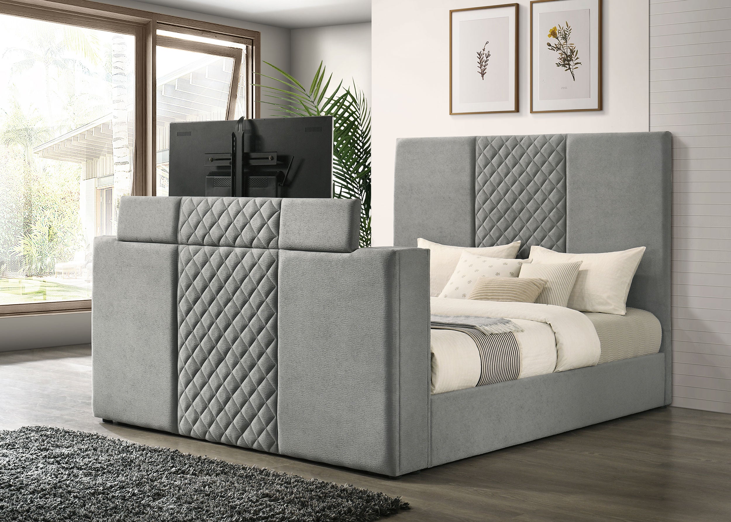 Tara 61-inch Upholstered Eastern King Panel TV Bed Grey-