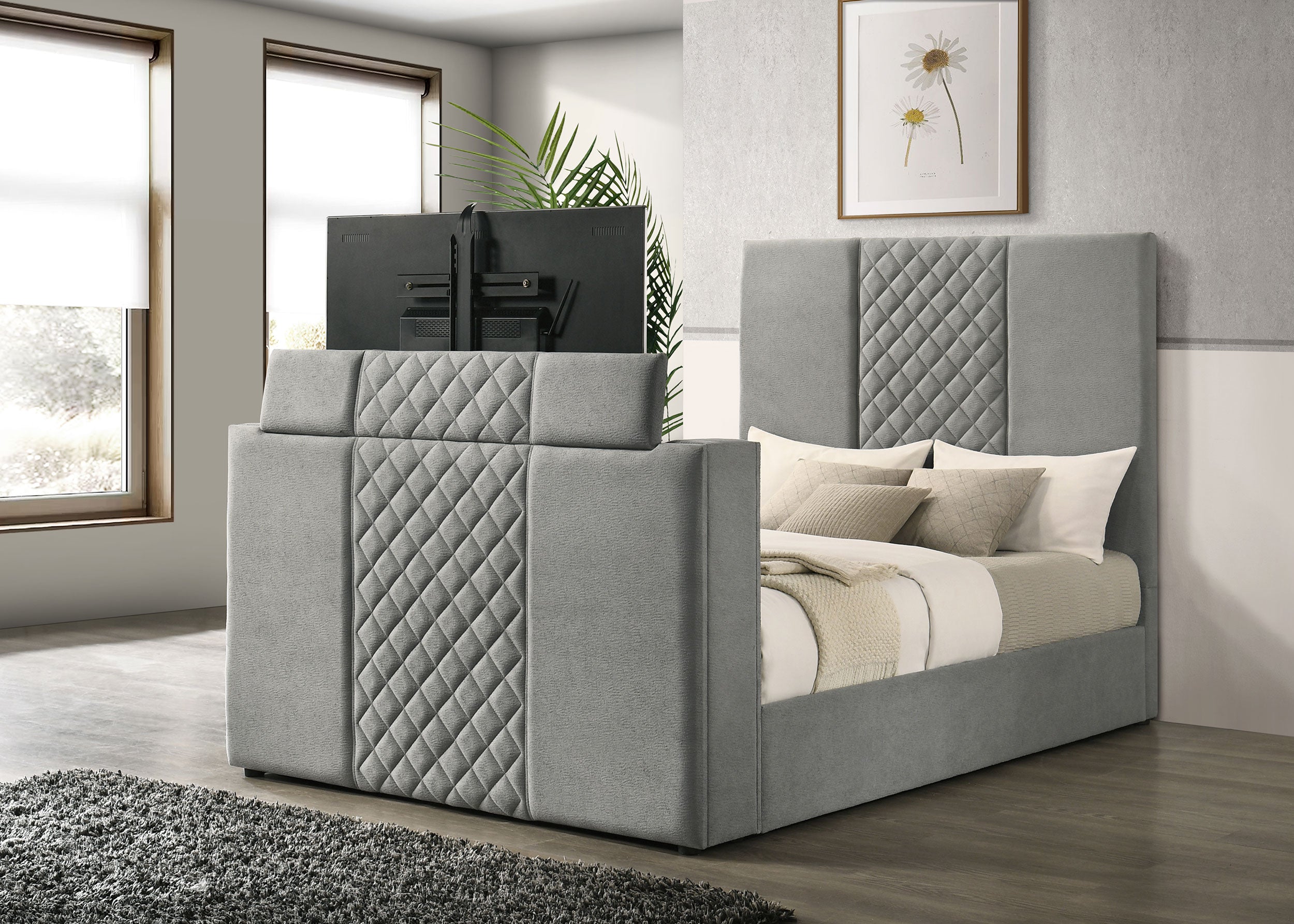 Tara 61-inch Upholstered Queen Panel TV Bed Grey-