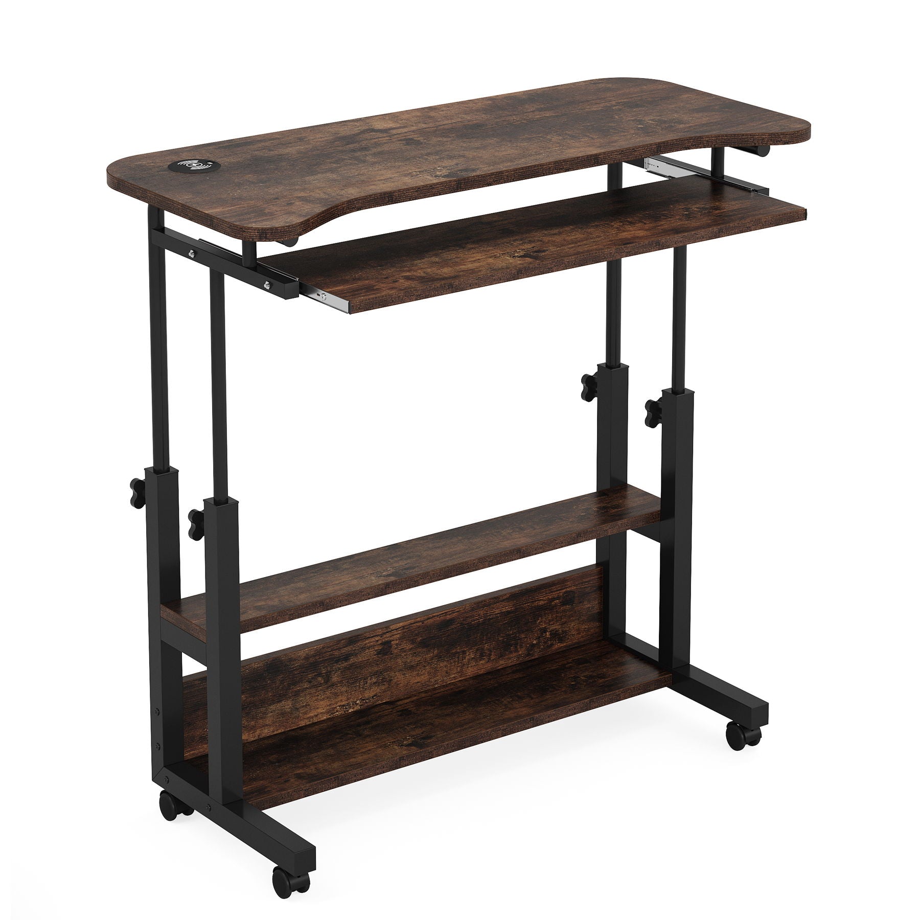 Portable Adjustable Desk With Power Outlets, USB Charging Ports, And Sliding Keyboard Tray - Brown / Black