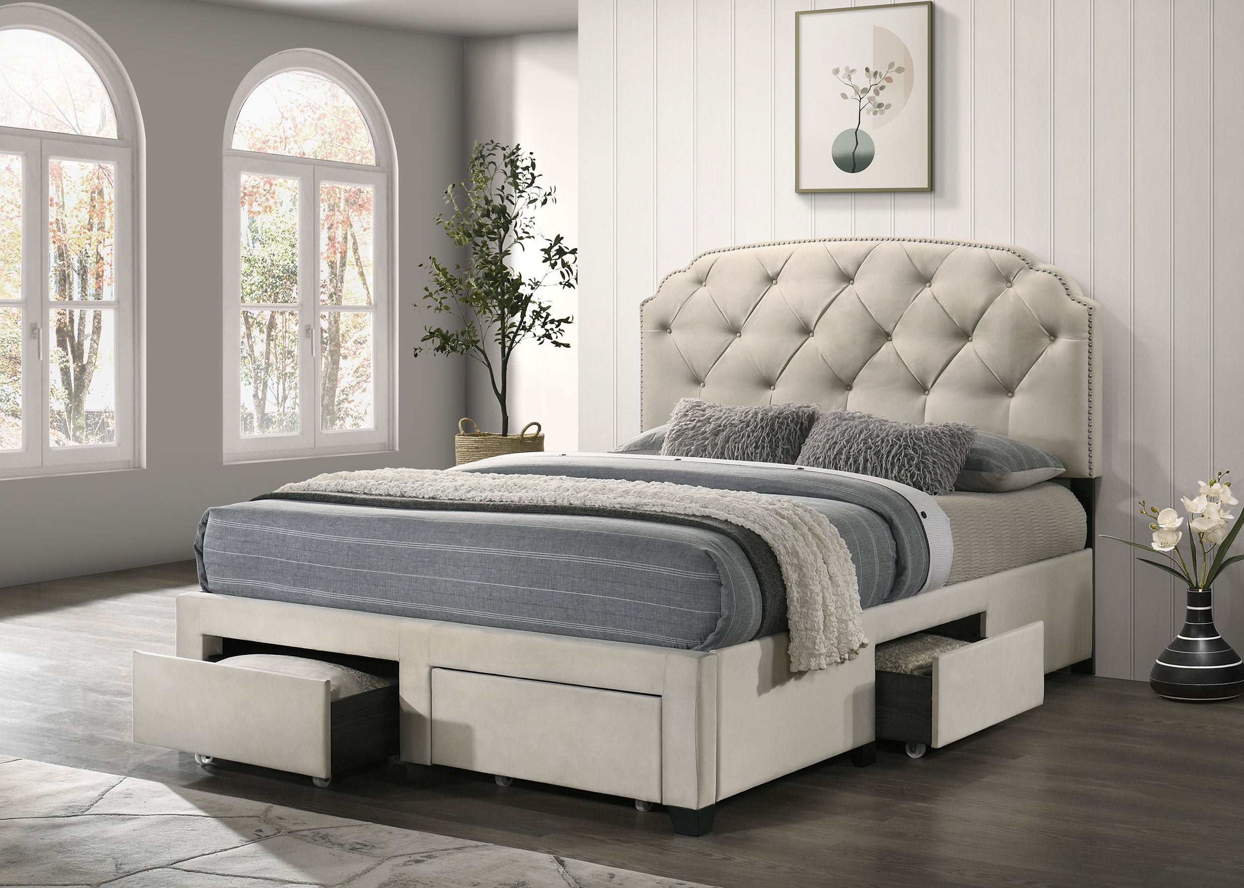 Marianna 4-drawer Upholstered Queen Storage Bed Cream-
