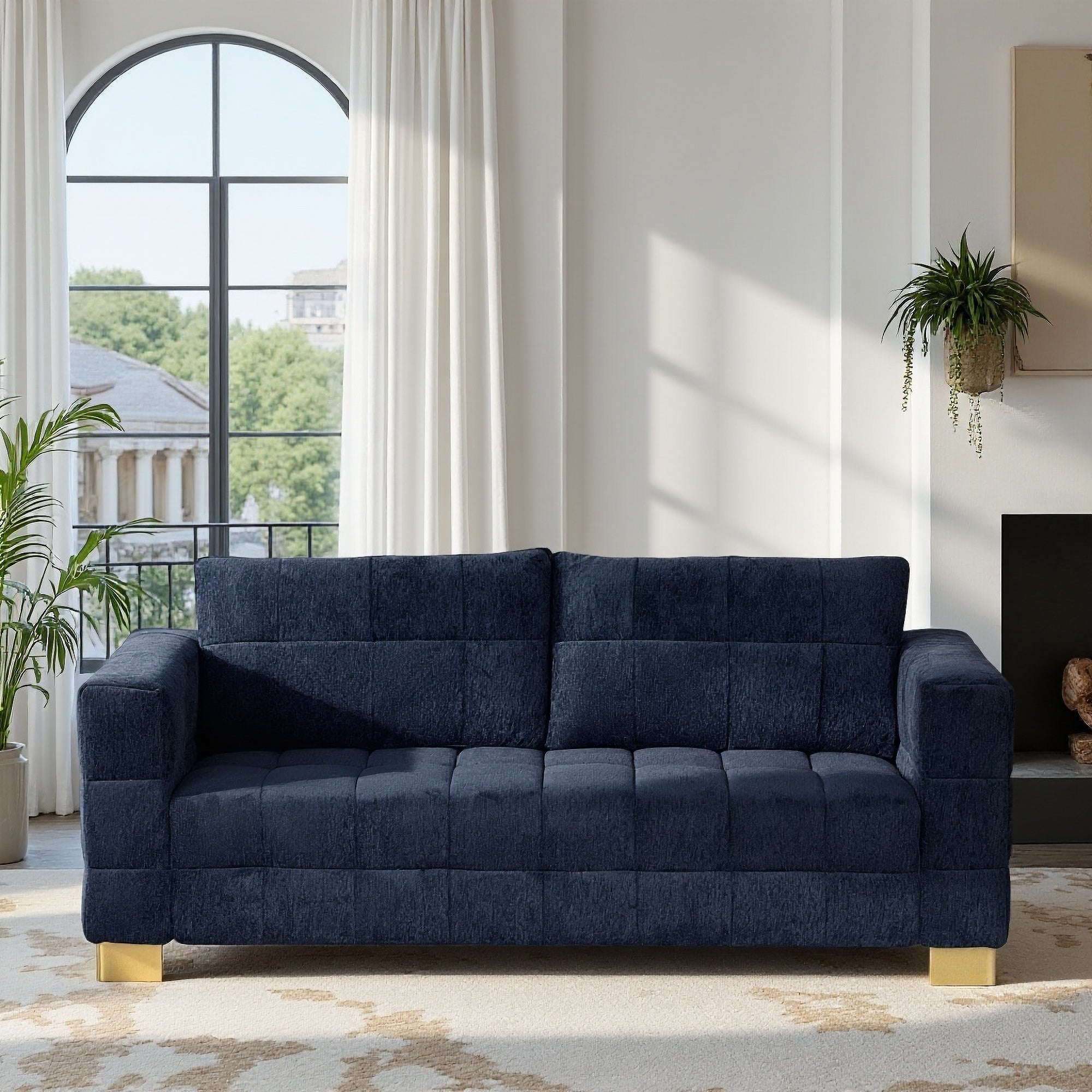 Retro Blue Chenille Upholstered 3-Seater Couch with Stainless-Steel Legs