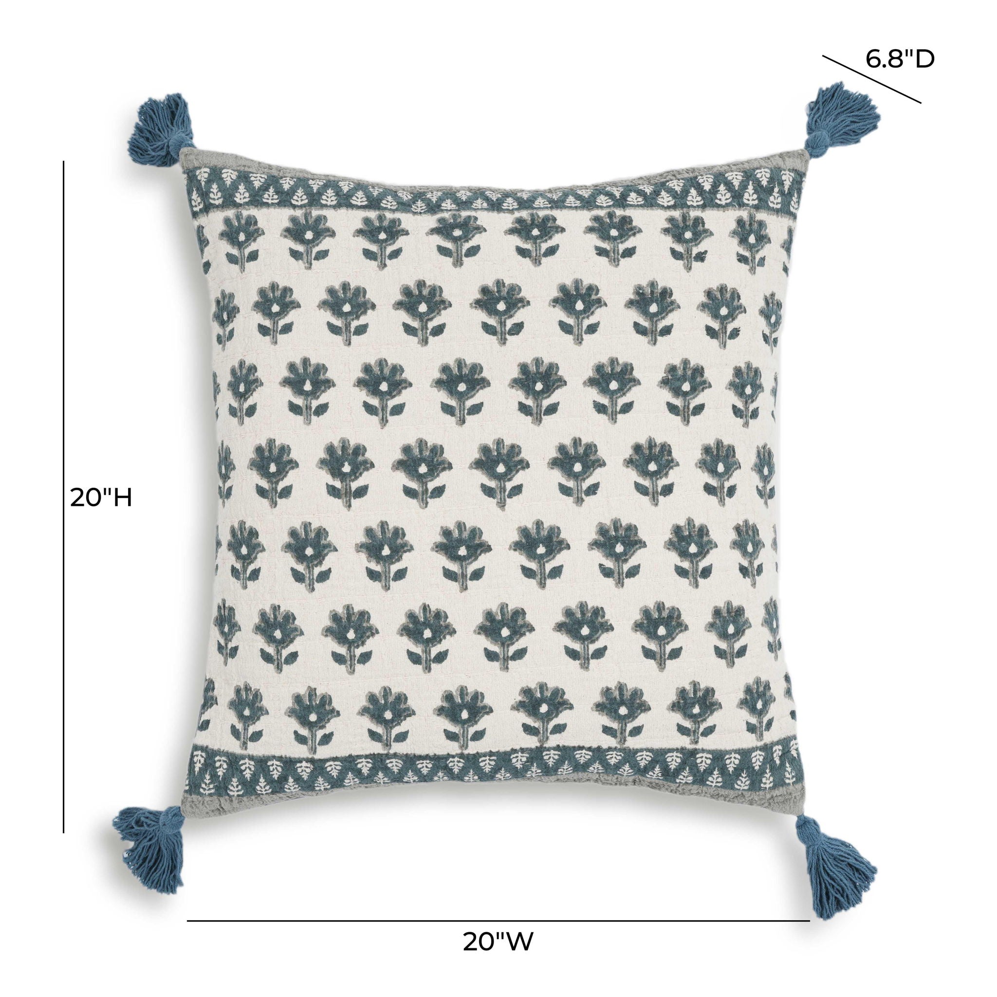 Blossom - Printed Cotton Tassel 20" Accent Cushion - Blue