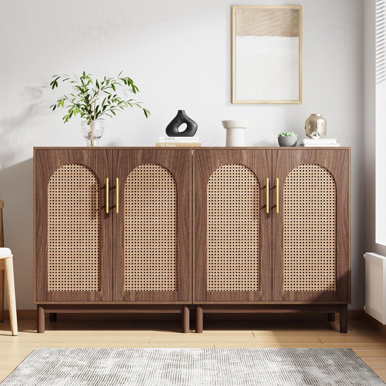 Sideboard Buffet Cabinet With Handwoven Rattan Doors (Set of 2) - Dark Brown