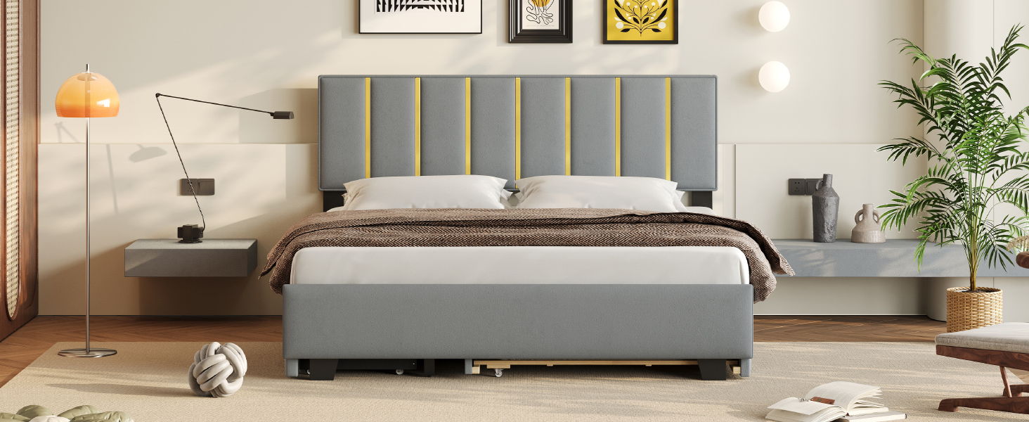 Upholstered Platform Bed With 2 Drawers And 1 Trundle, Classic Strip Headboard Design