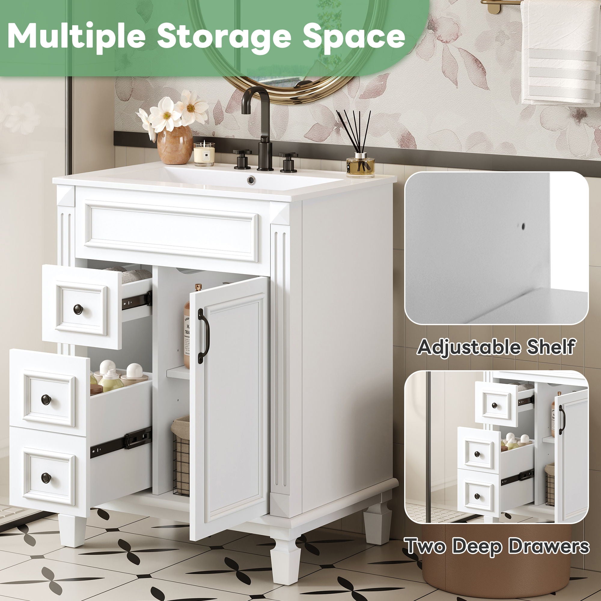 Bathroom Vanity With Sink, Compact Cabinet & 2 Drawers And Adjustable Shelf