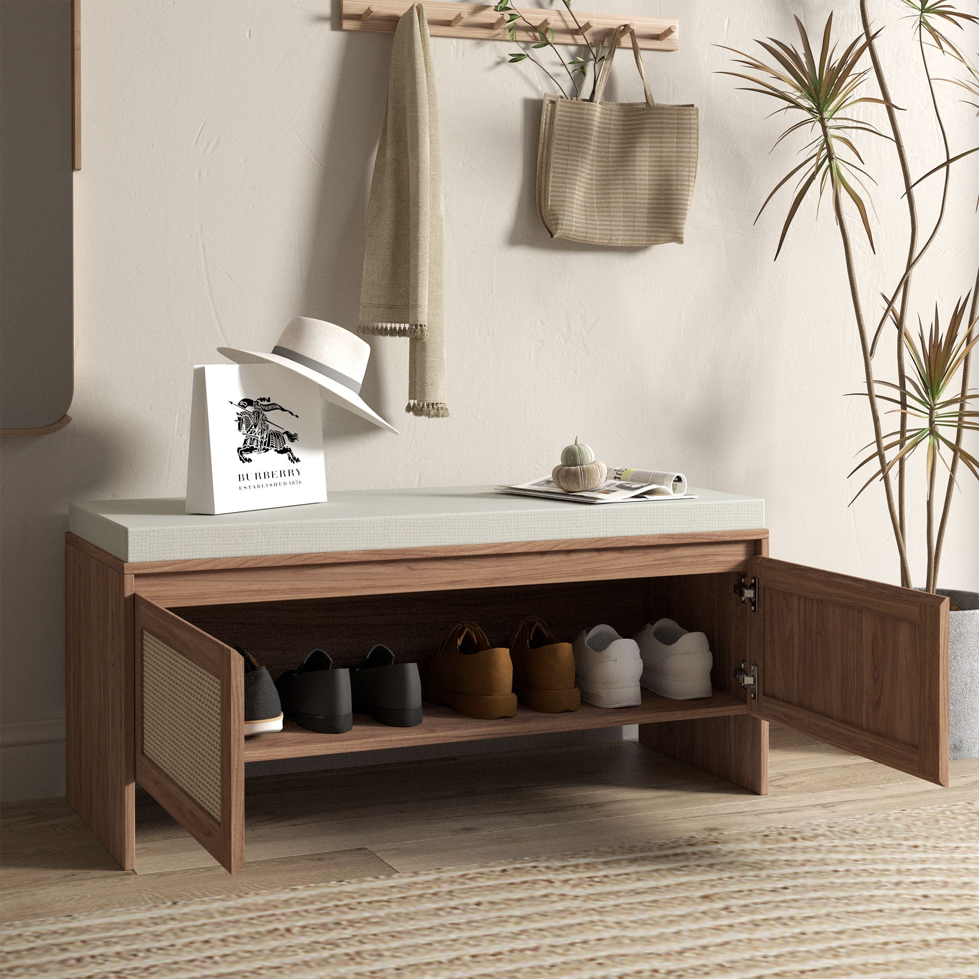 Storage Bench With Cushion, Shoe Cabinet With 2 Doors - Antique Natural / Rattan