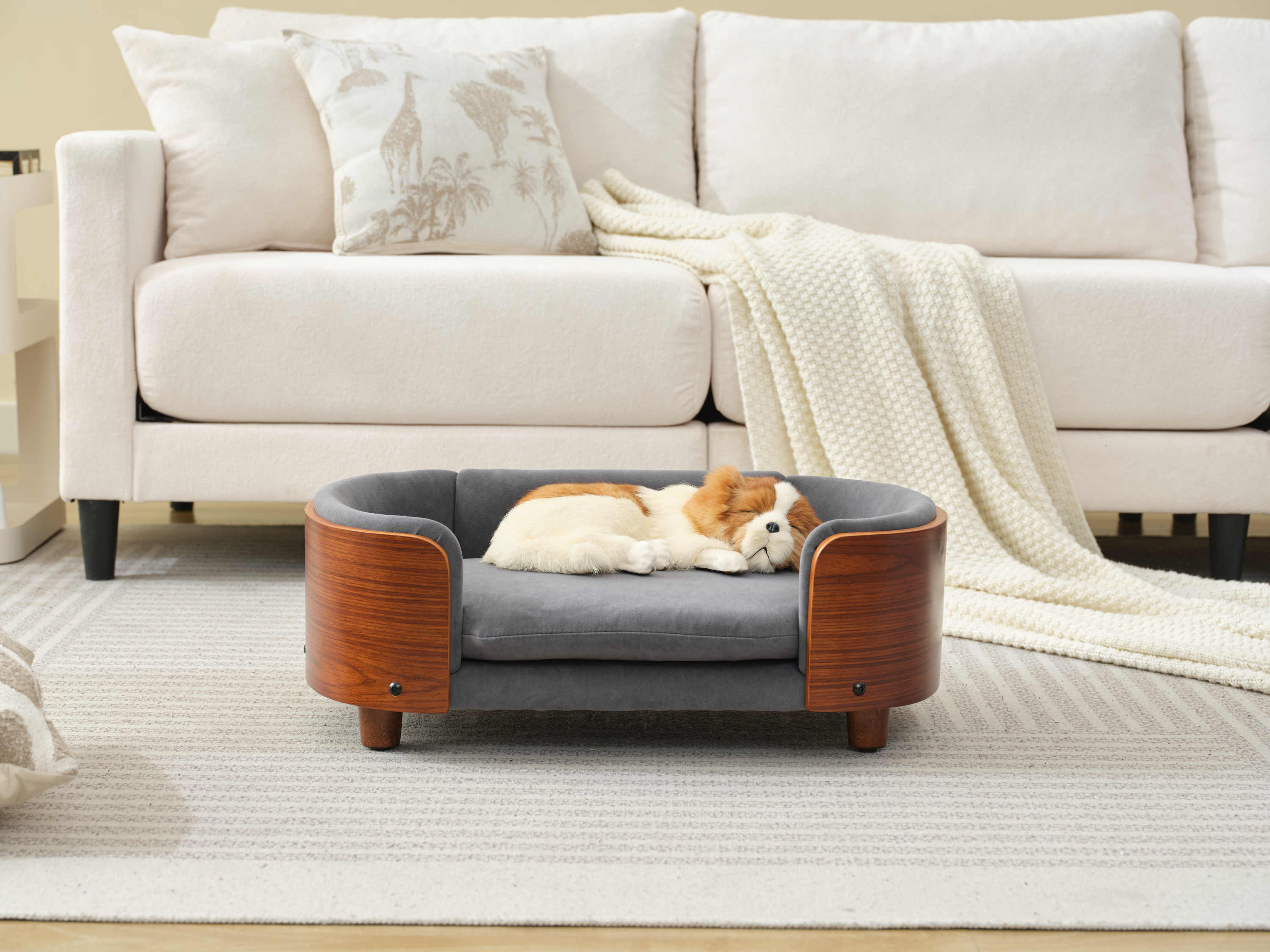 Scandinavian Style Elevated Dog Bed with Solid Walnut Wood Legs