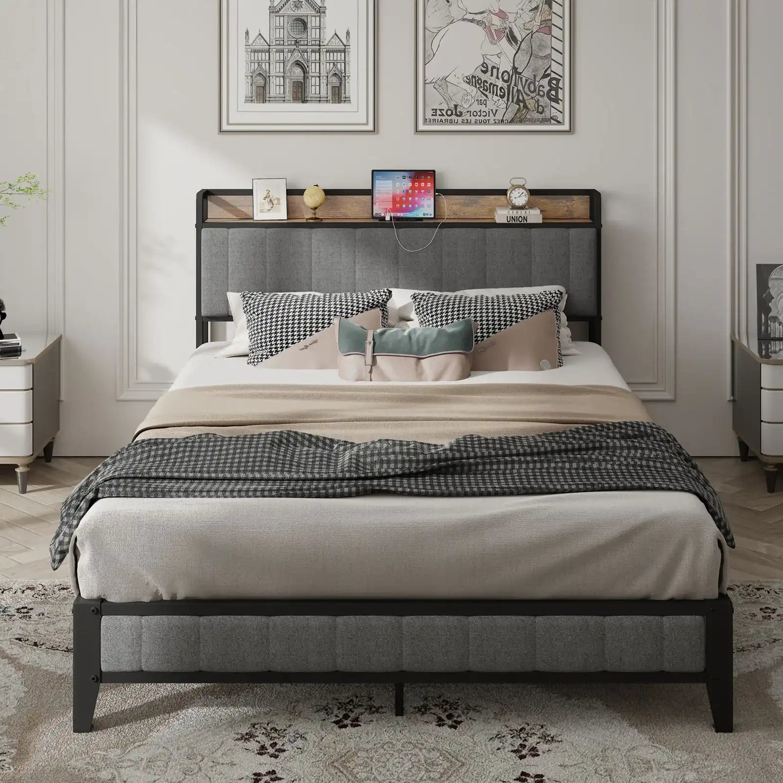 Briony Queen Bed Frame with Charging Station, Upholstered Headboard
