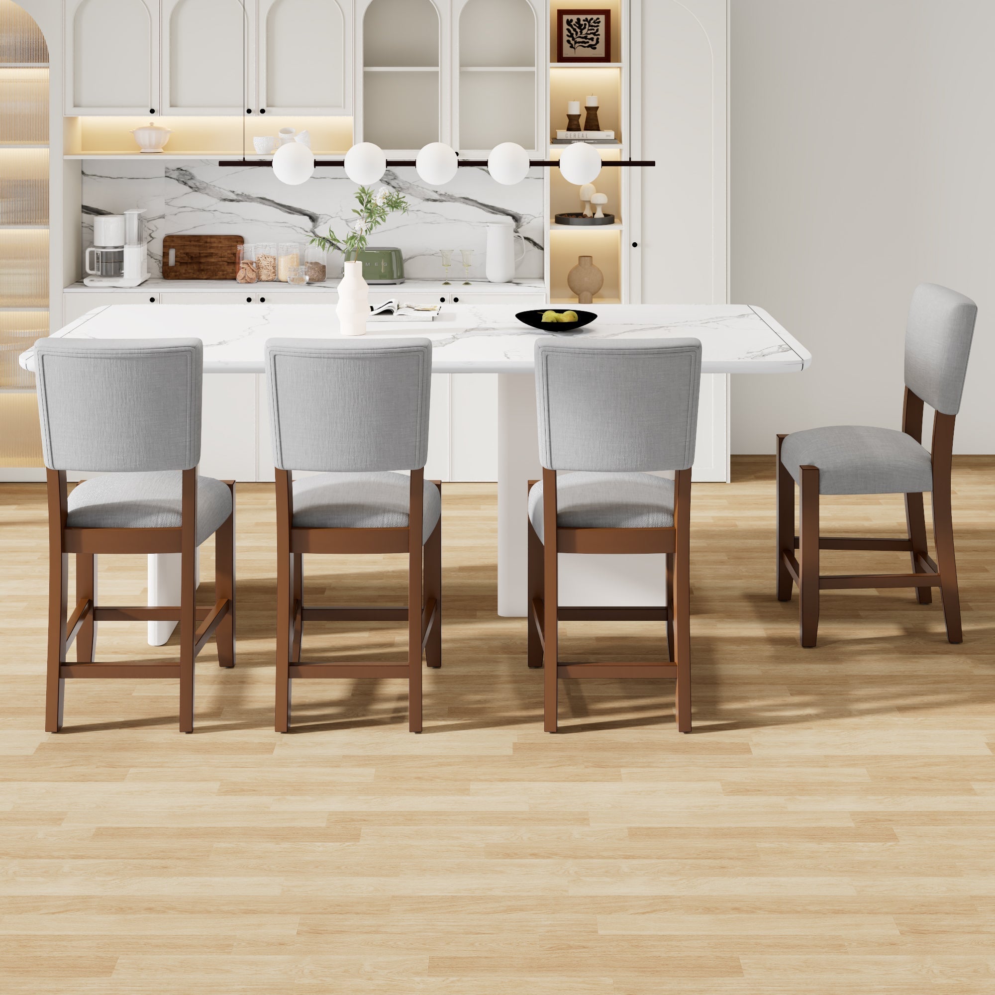 Set of 4 Mid-Century Modern Bar Stools, 40 in Linen Upholstered Counter Chairs with Rubber Wood Legs, Gray