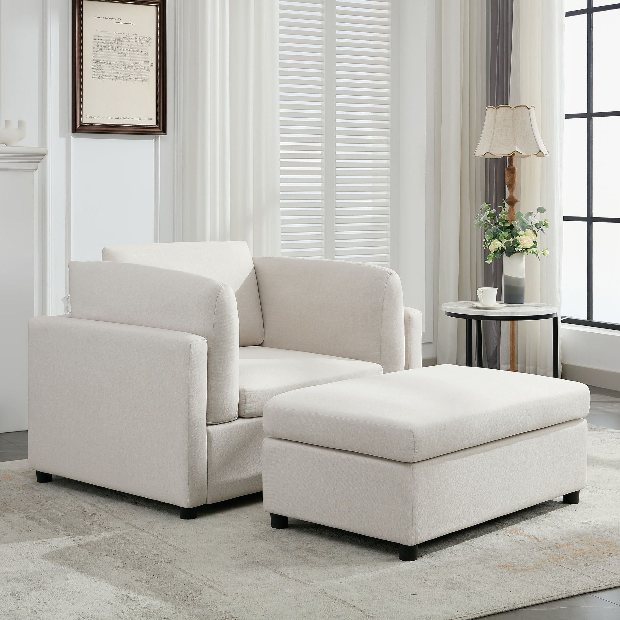 Wide Modern Oversized Armchair With Ottoman Stool, Single Sofa With Lumbar Support, Accent Chair