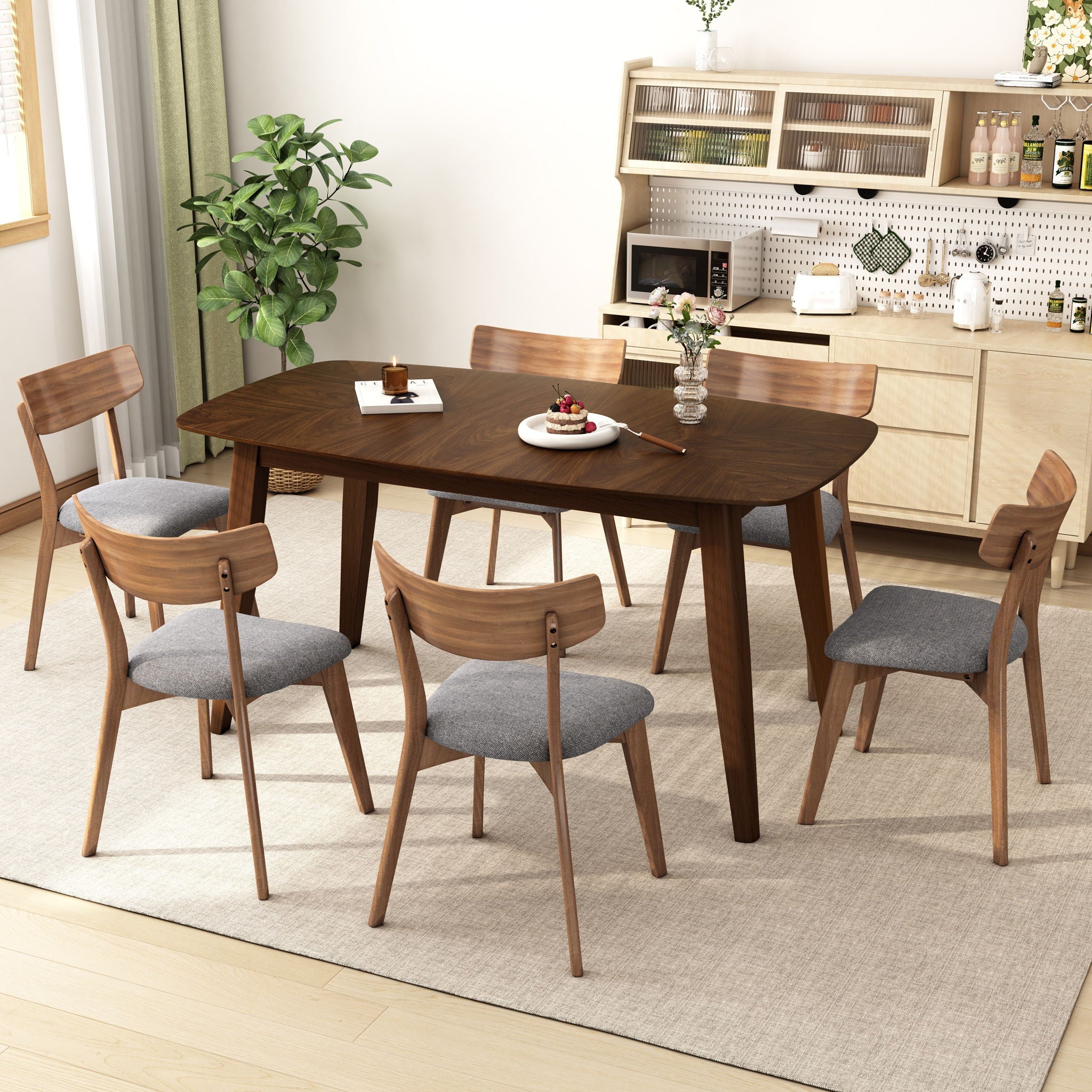 7 Piece Mid - Century Dining Set With Upholstered Dining Chairs, Dining Table