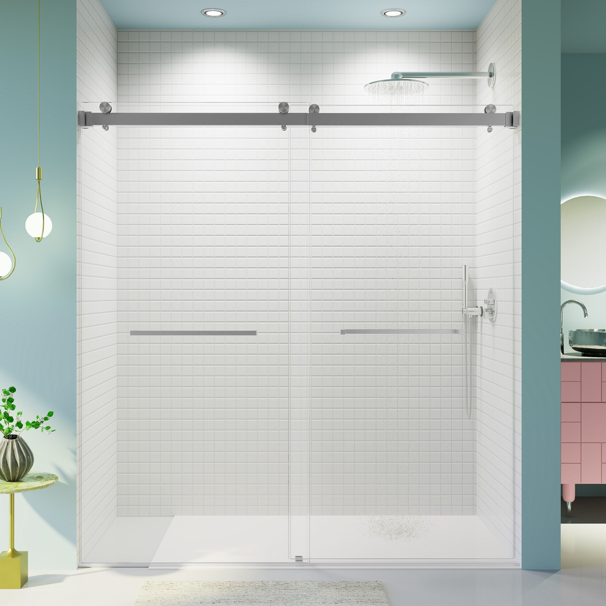 Frameless Double Sliding Soft-Close Shower Door, 3 / 8" (10Mm) Thick SGCC Tempered Glass Door, Matte