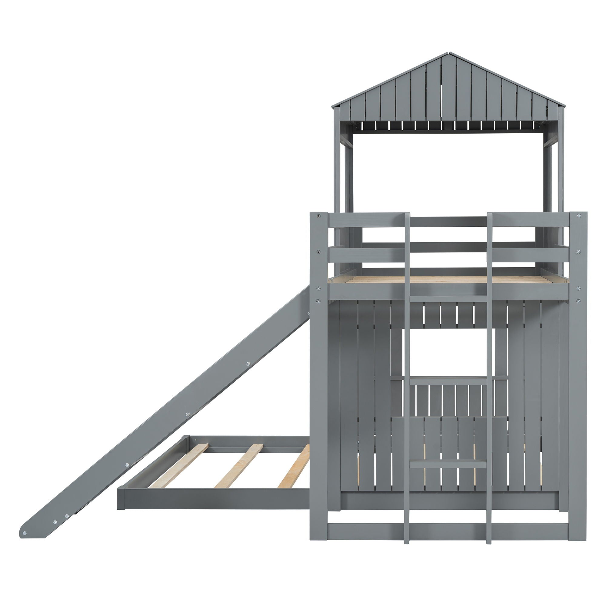 Loft Bunk Bed With Playhouse, Farmhouse, Ladder, Slide And Guardrails